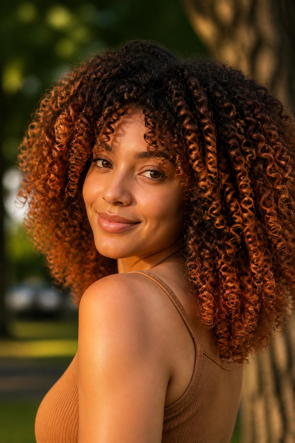 Close-up of springy coil curls with copper ombre under golden hour light