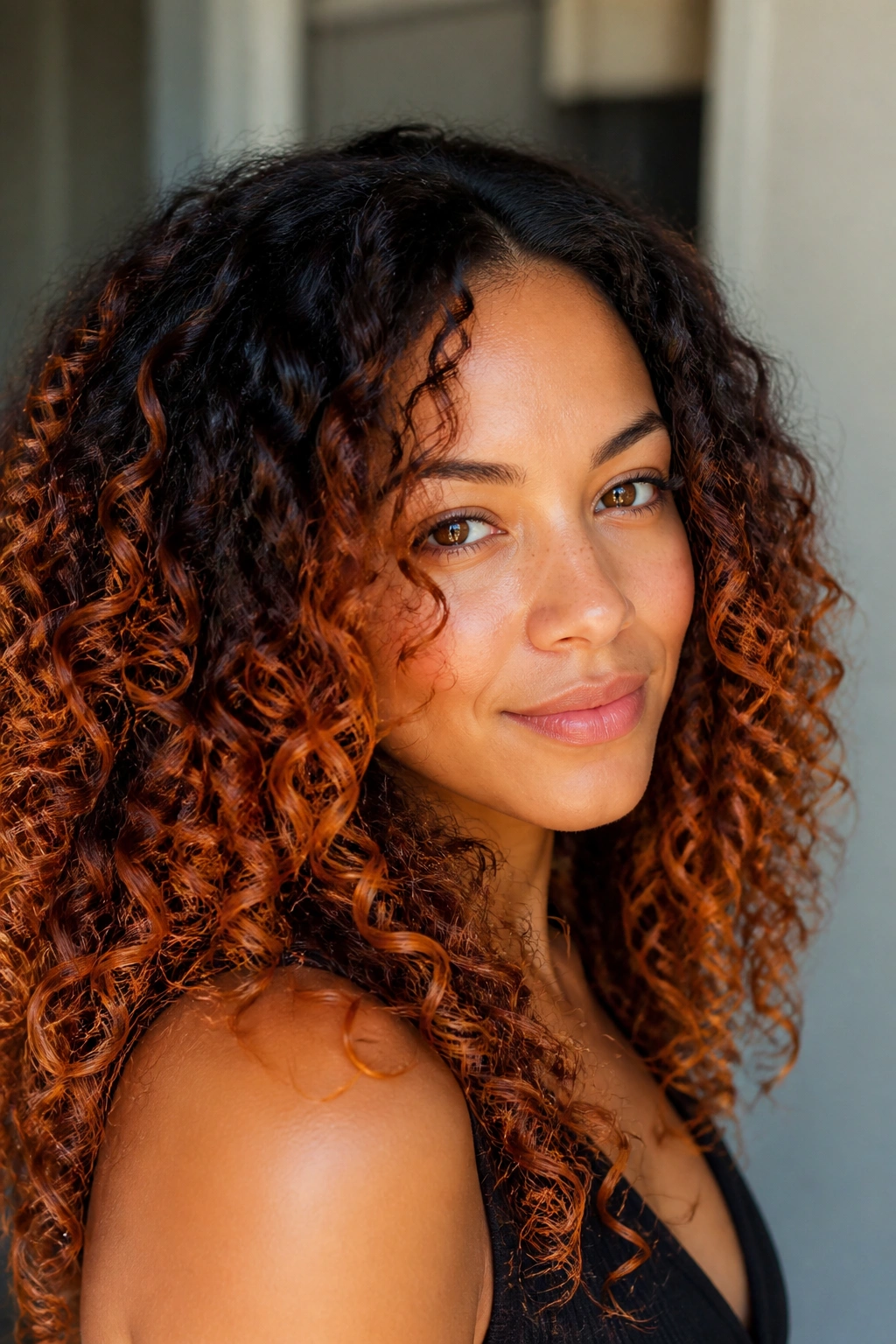 Close-up of defined curls with copper ombre on a real woman in natural window light