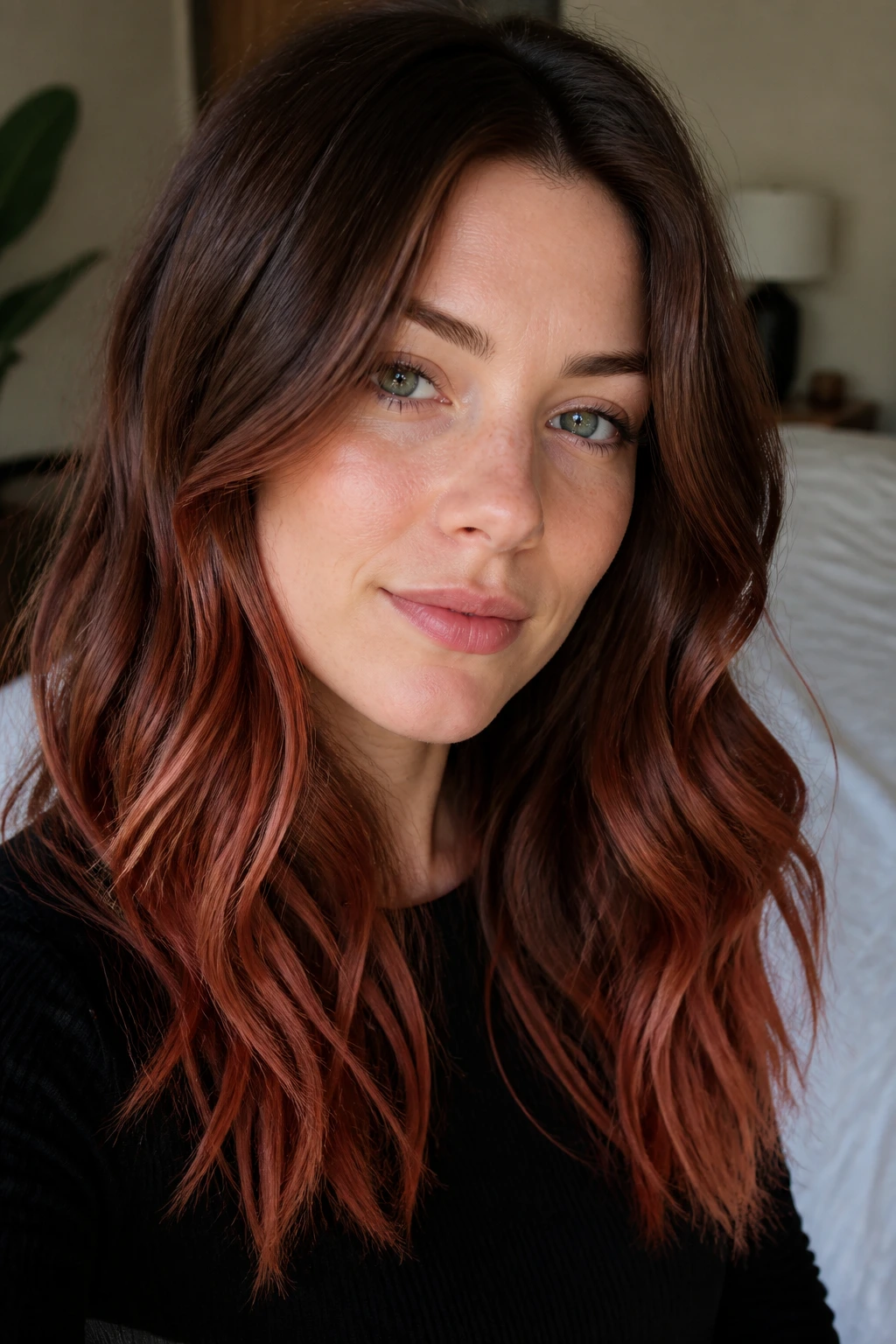 Close-up portrait of a person showing copper ombré ends with natural roots in softly lit bedroom.