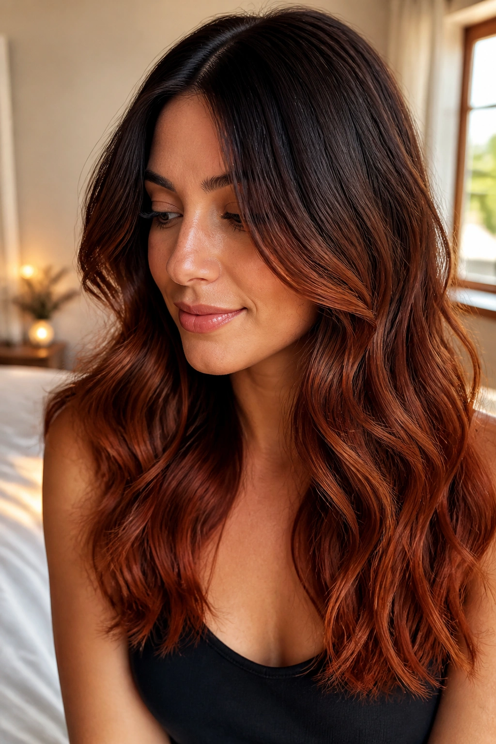 Close-up of a real woman with copper and dark chocolate ombre hair with brown root shadow.