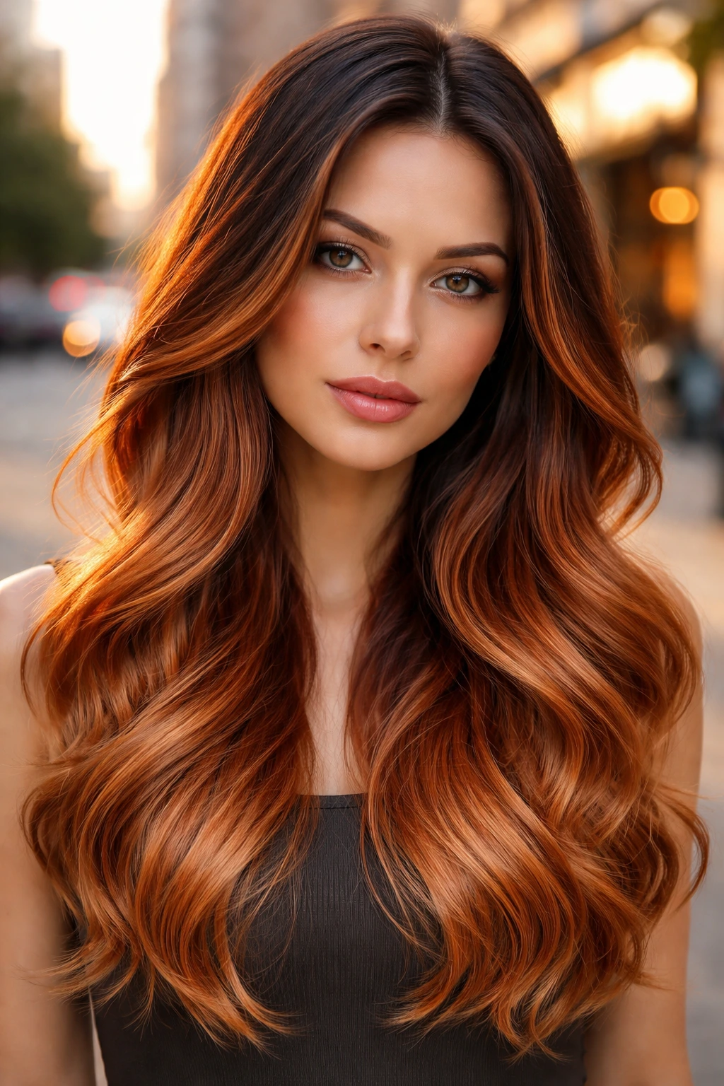 Portrait of a woman with copper ombré hair against an urban golden hour backdrop