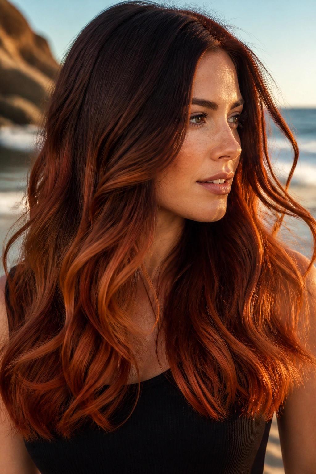 Close-up portrait of a real person with long copper ombré waves at a sunlit beach