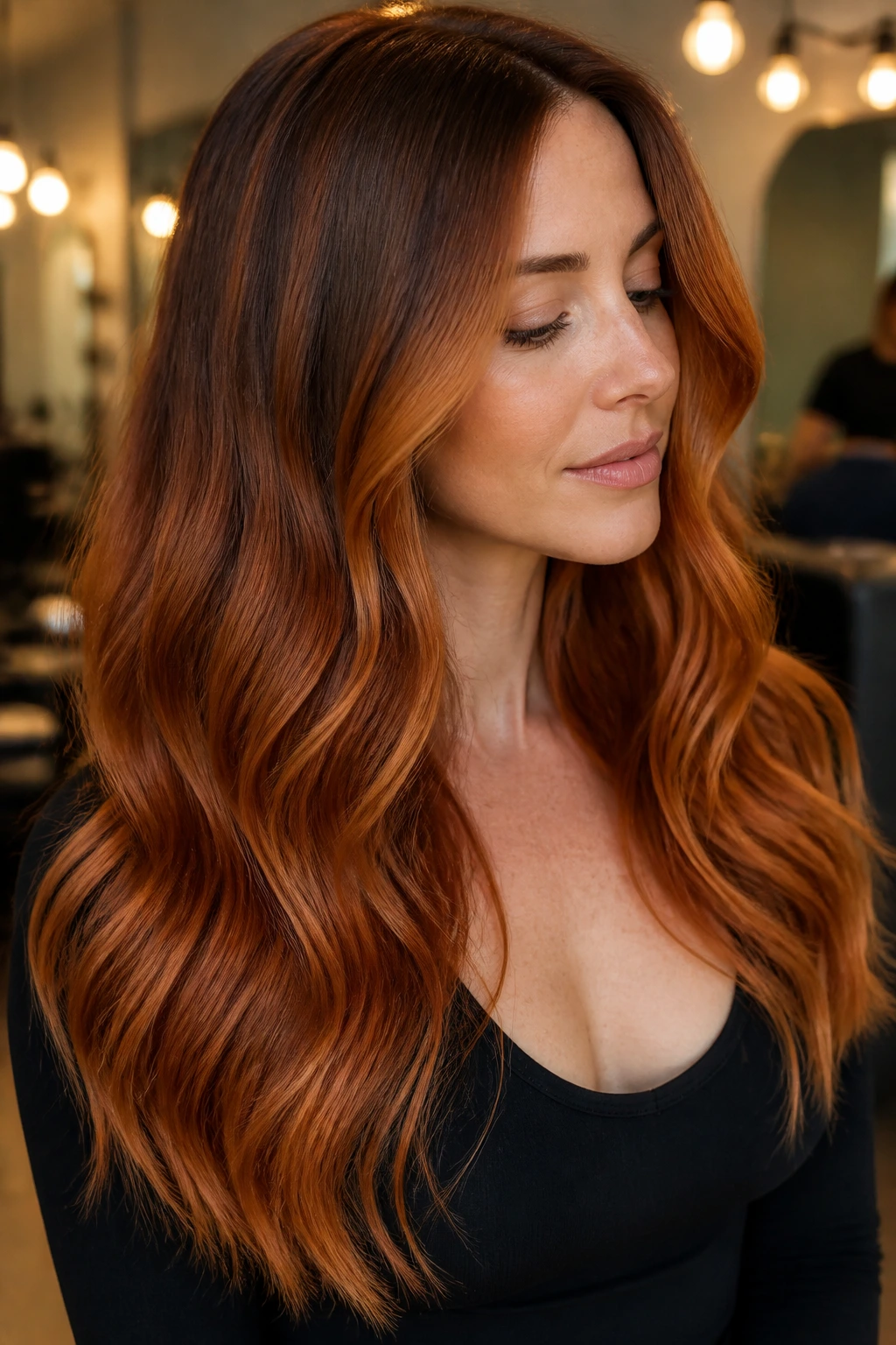 Close-up of a real person with root-smudged copper ombre on long hair in a chic salon