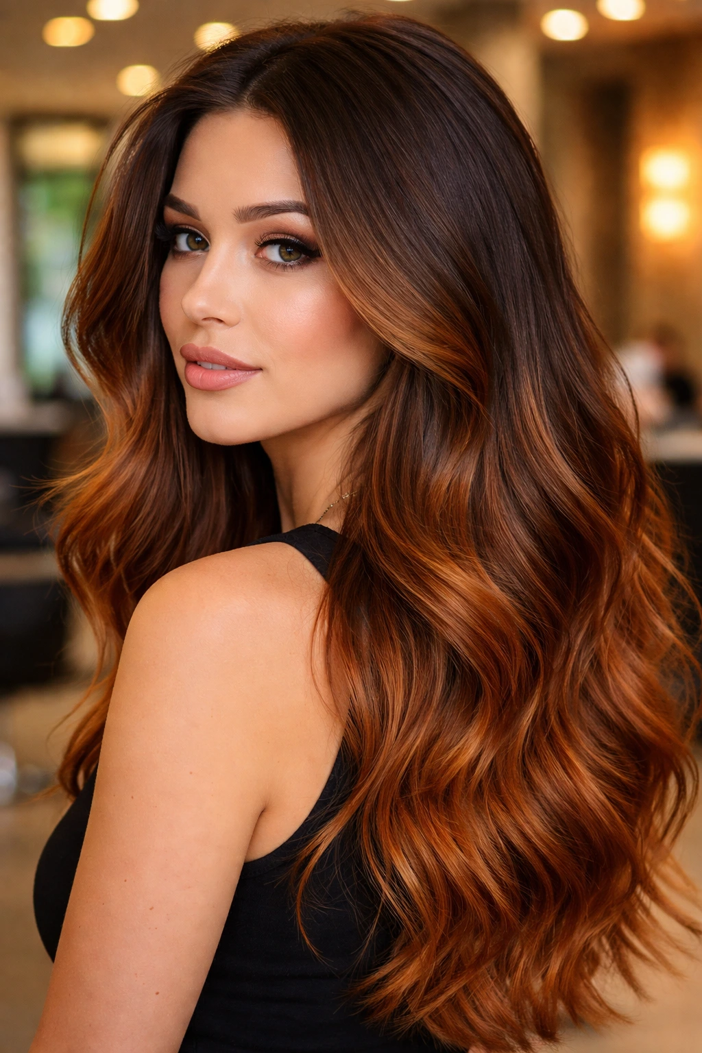 Close-up portrait of a real woman with copper ombré transition in hair