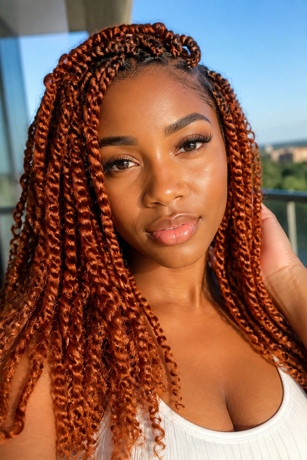 Close-up of a real Black woman with copper passion twists in sunlight
