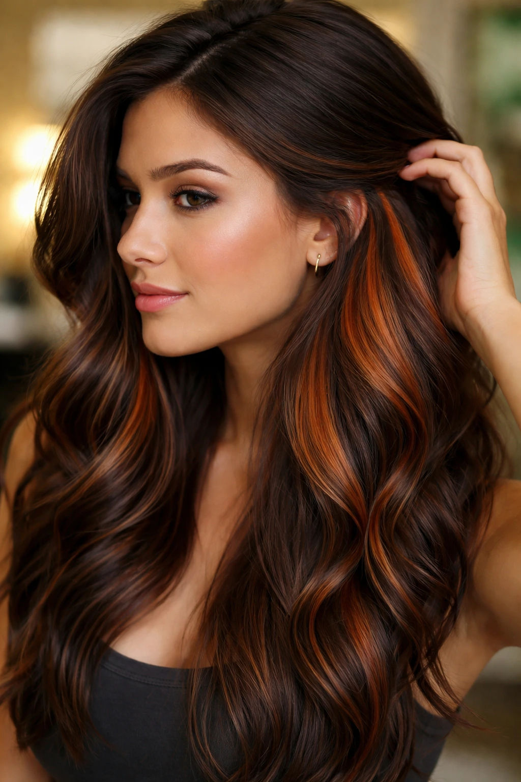 Close-up of real hair with hidden copper panels under brown top layer
