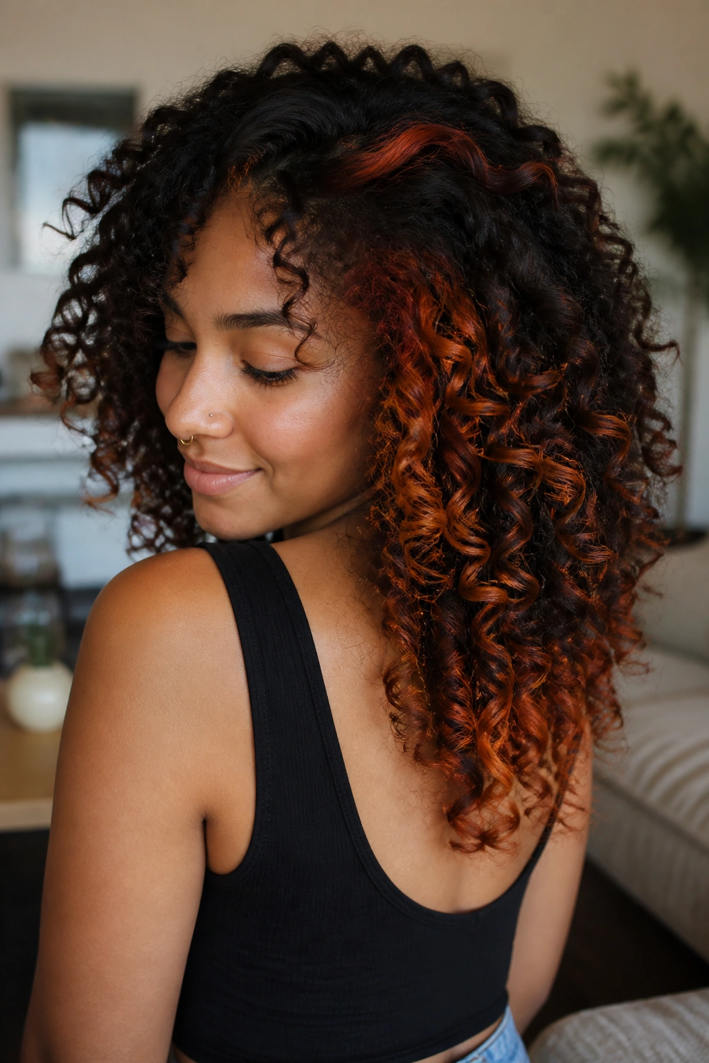Close-up of a real woman with curly hair showing copper peekaboo panels under the top layer