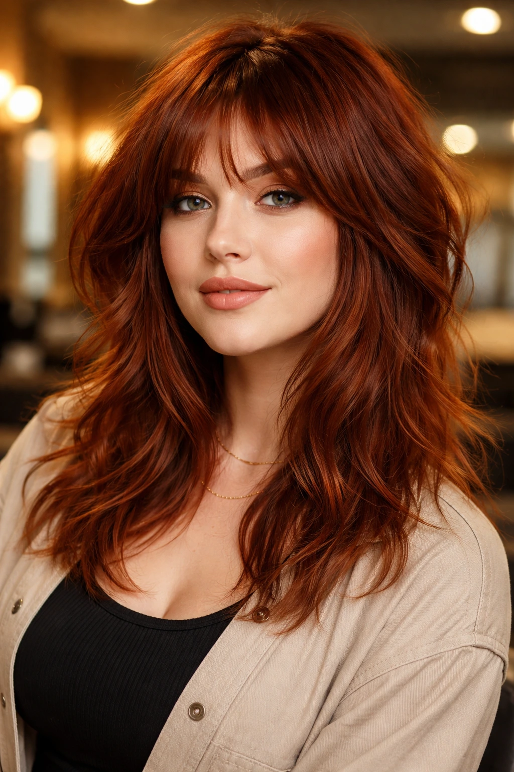 Real woman with copper penny auburn shag and curtain bangs in a warmly lit salon setting.