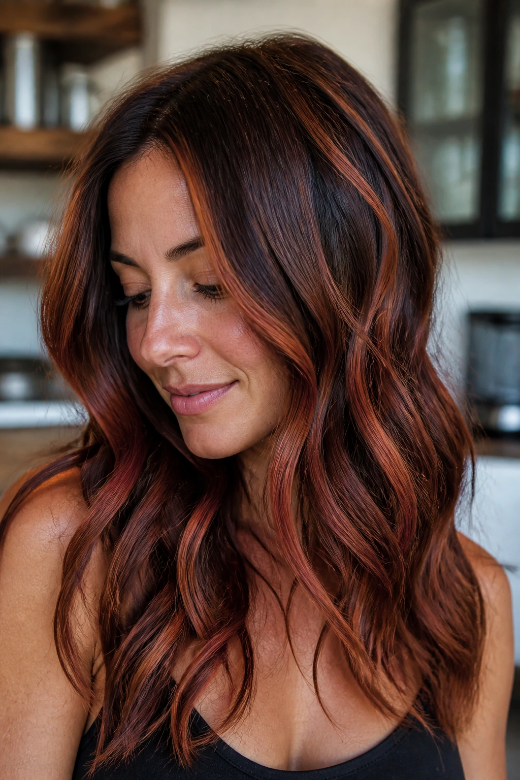 Close-up of a real woman with copper penny balayage showing copper ribbons on brown hair