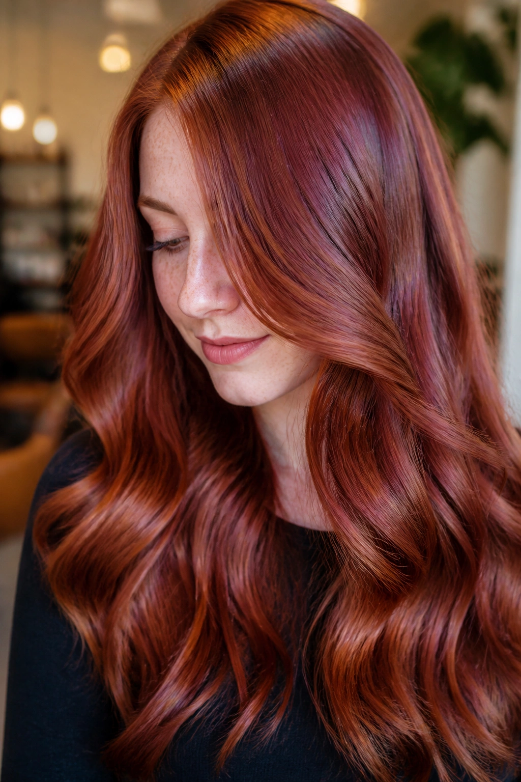 Close-up portrait of a real woman with copper penny hair and blue-red gloss in salon lighting