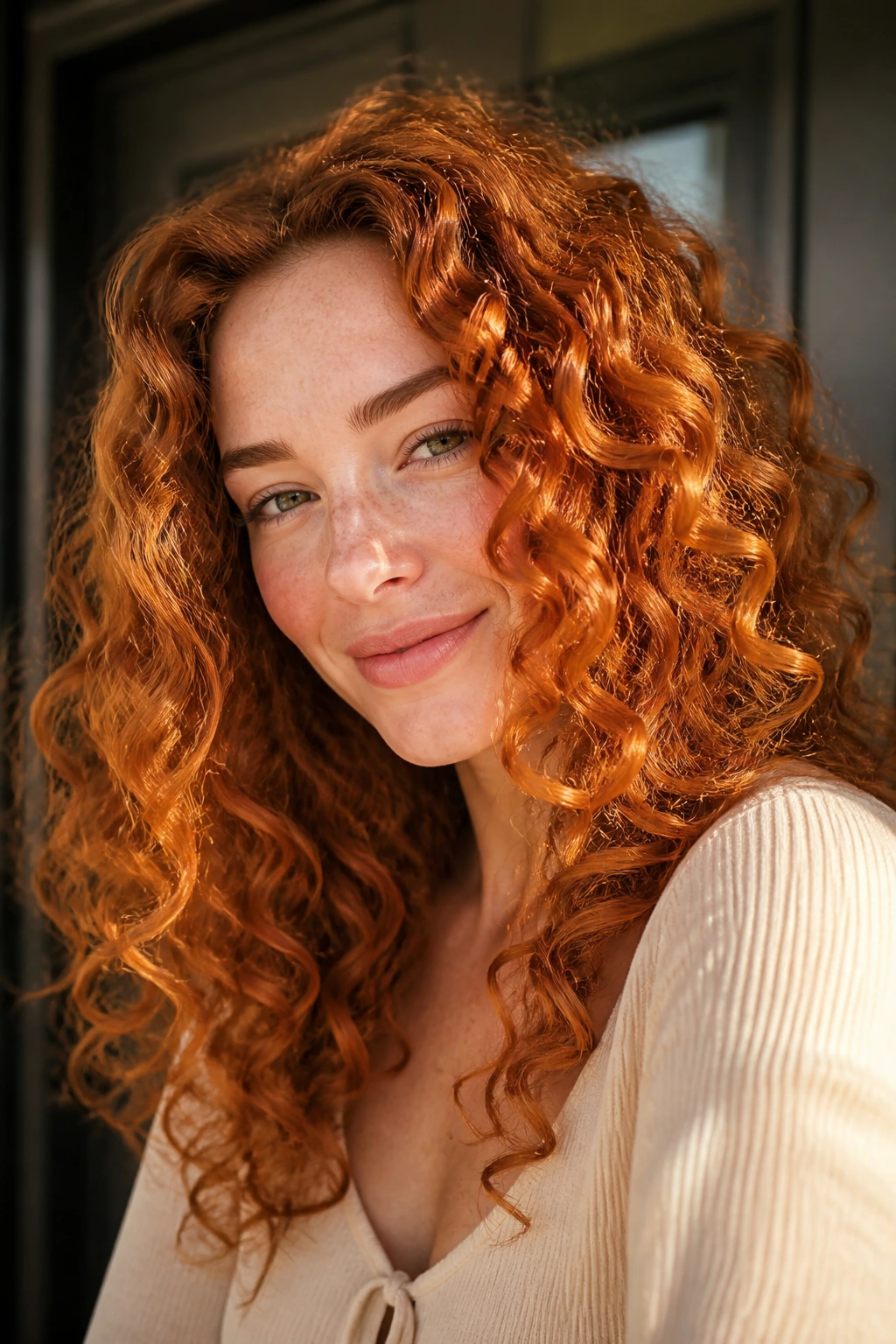 Close-up of curly hair colored copper penny all over.