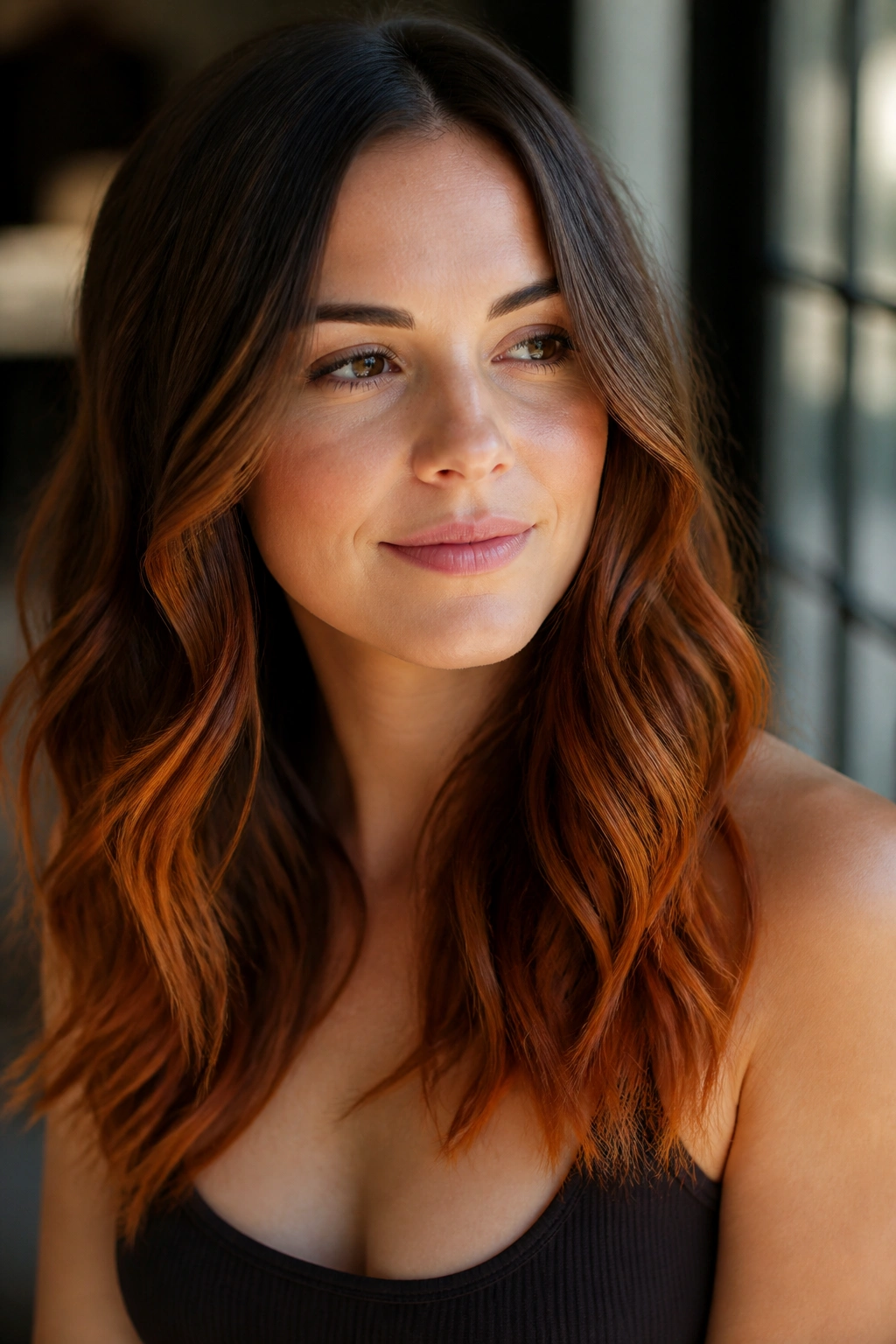 Close-up of warm brunette with copper penny ends on the lower lengths