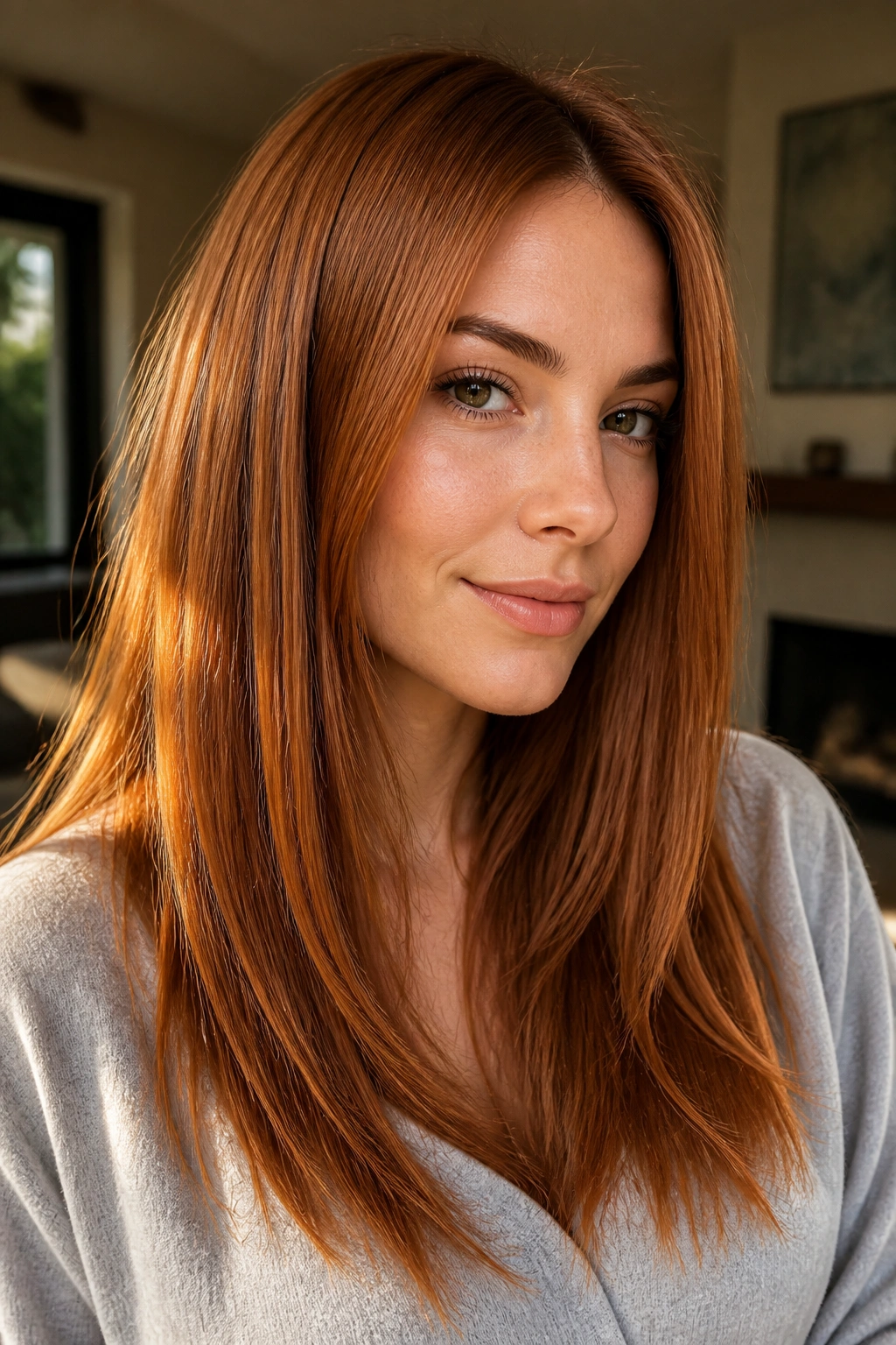 Close-up portrait of a real woman with copper penny straight hair, warm light highlighting metallic shine