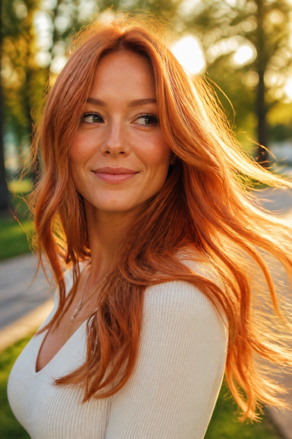 Close-up of copper penny hair on a real woman in golden hour light.
