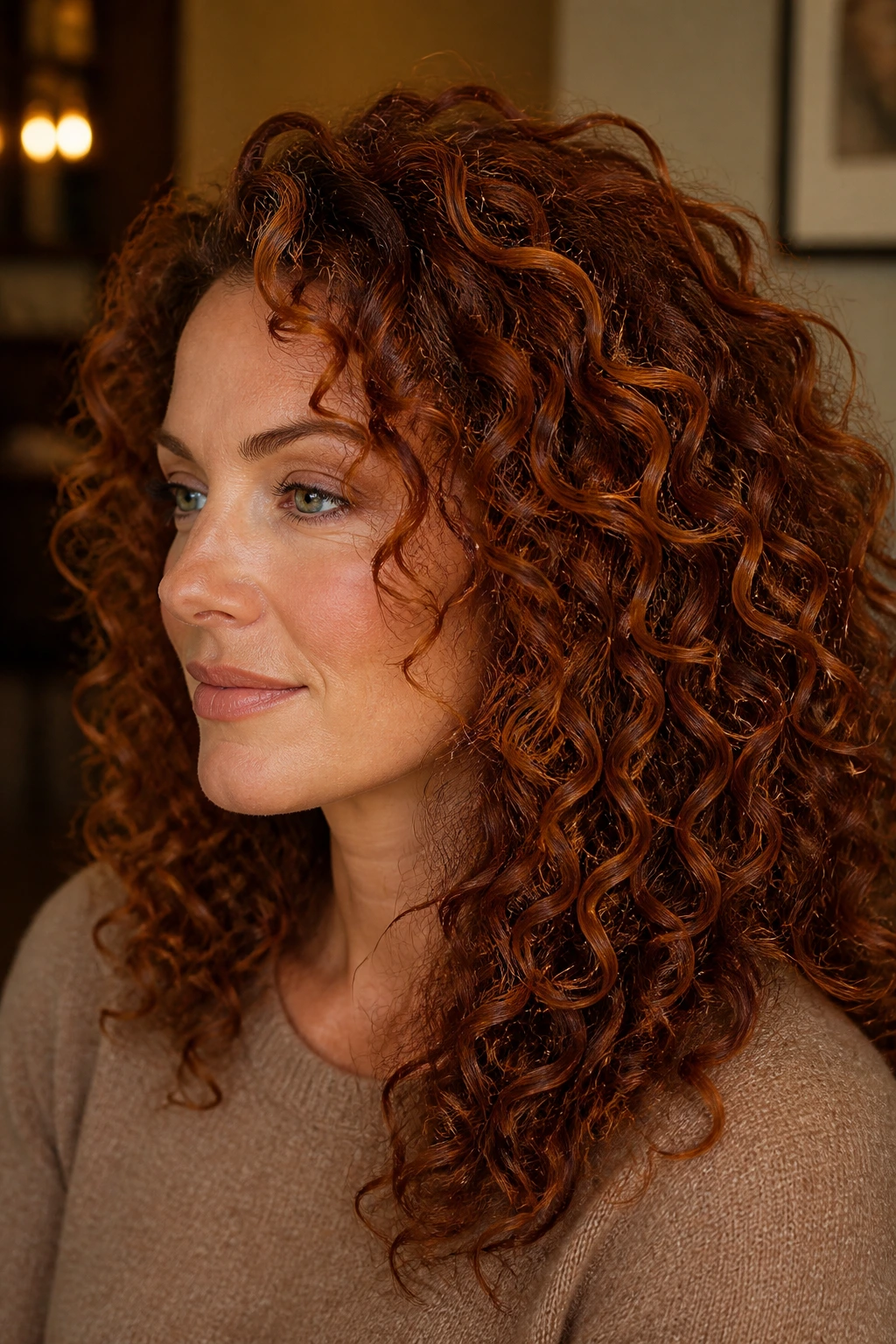 Close-up of real woman with copper penny highlights in curls around the crown
