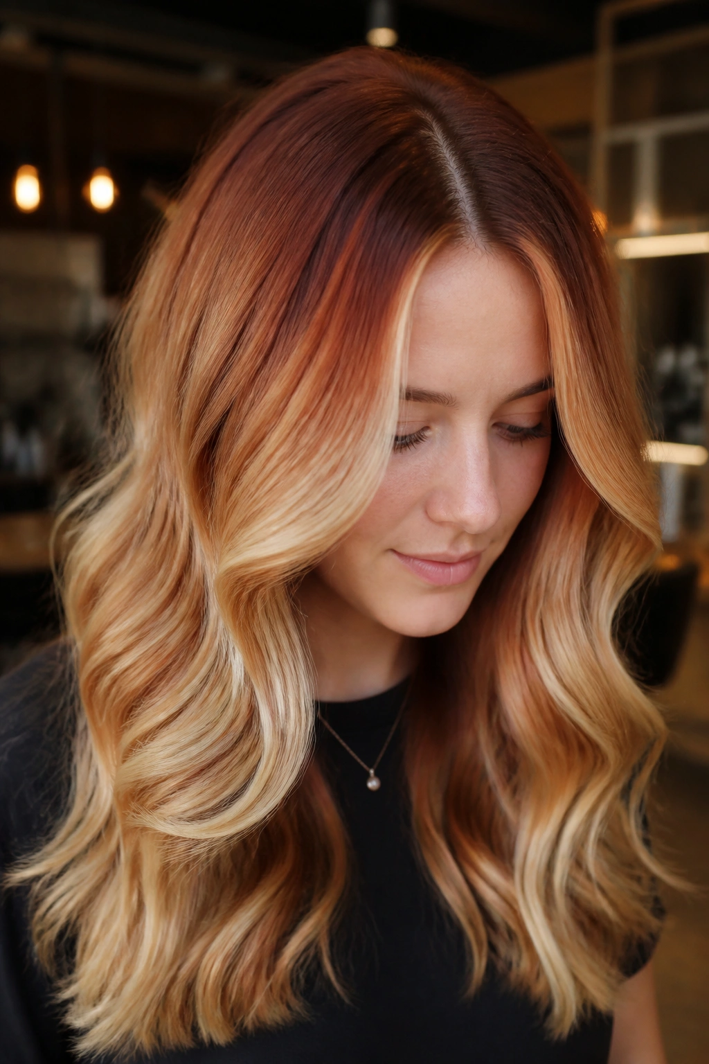 Close-up of a real person with copper penny root melt on blonde hair