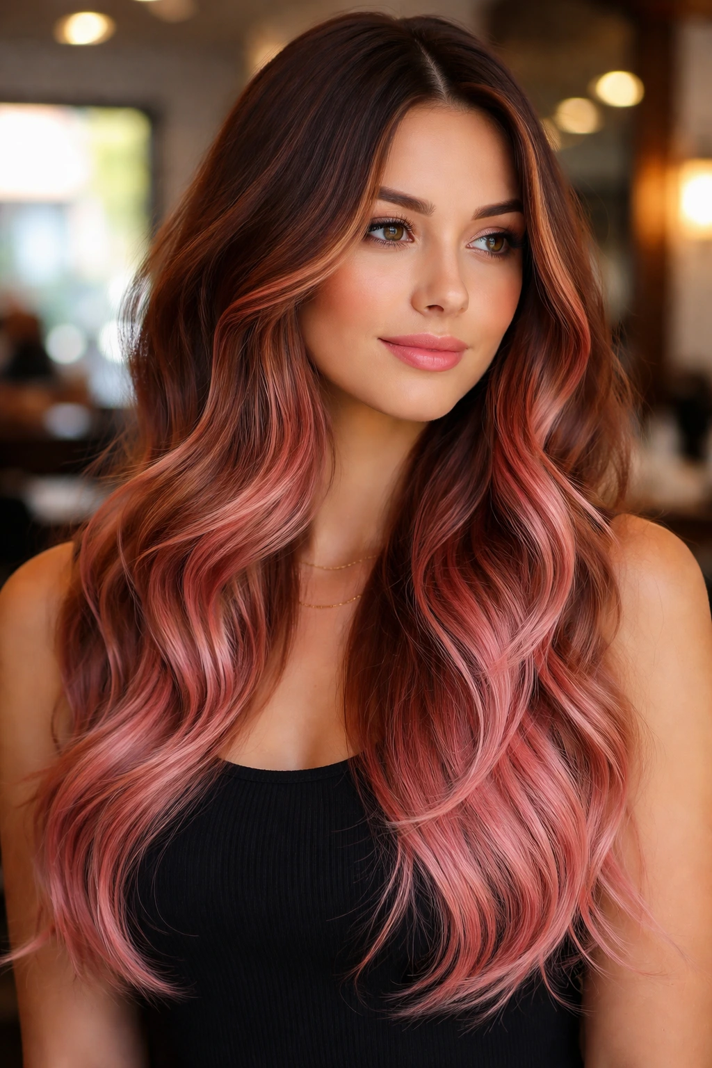 Close-up of copper-pink melt on brown hair with deep roots and pink ends