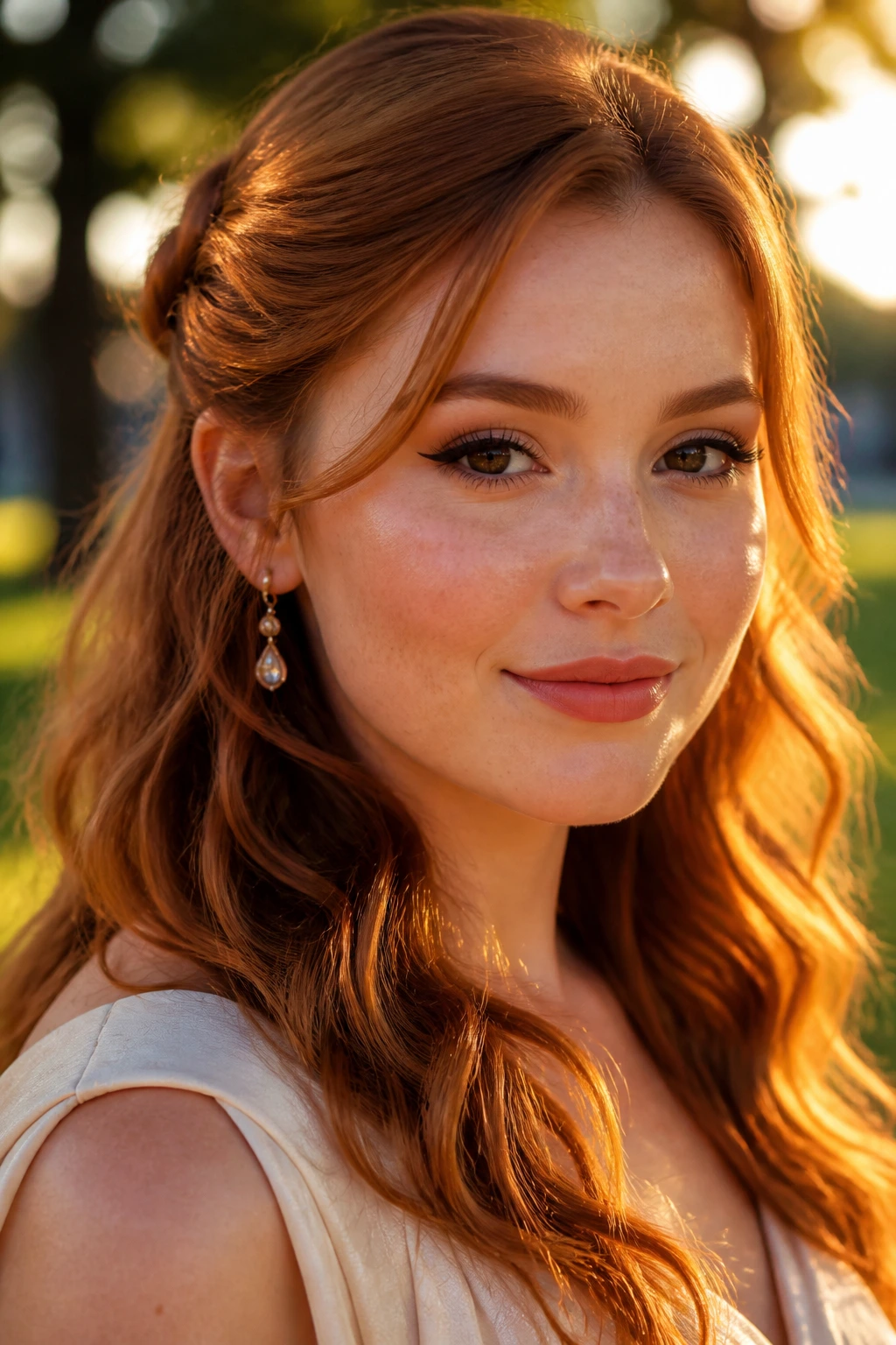 Close-up of a real person with copper pinned-back waves in golden hour outdoor setting