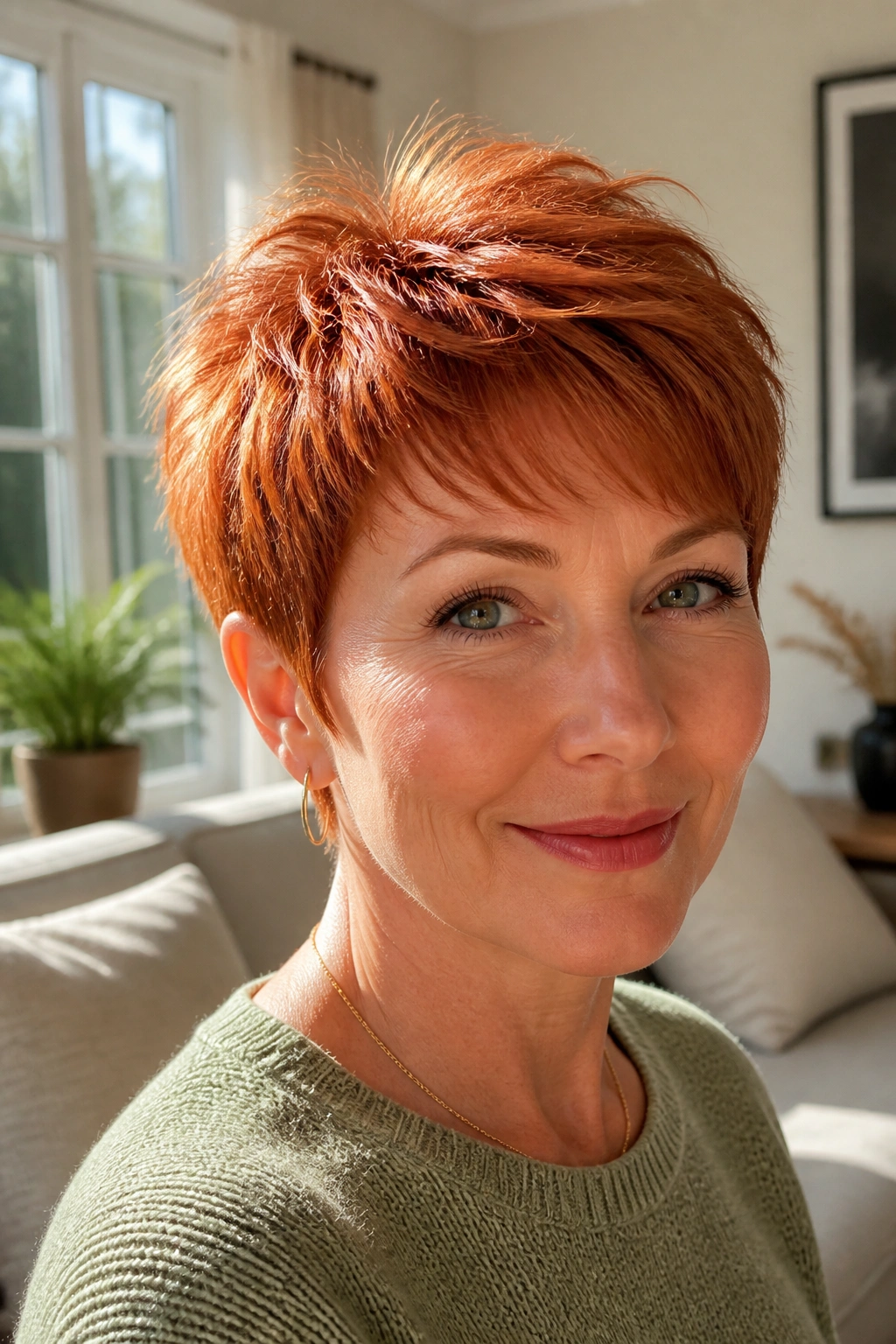 Real person with copper feathered pixie and light ends in sunny room