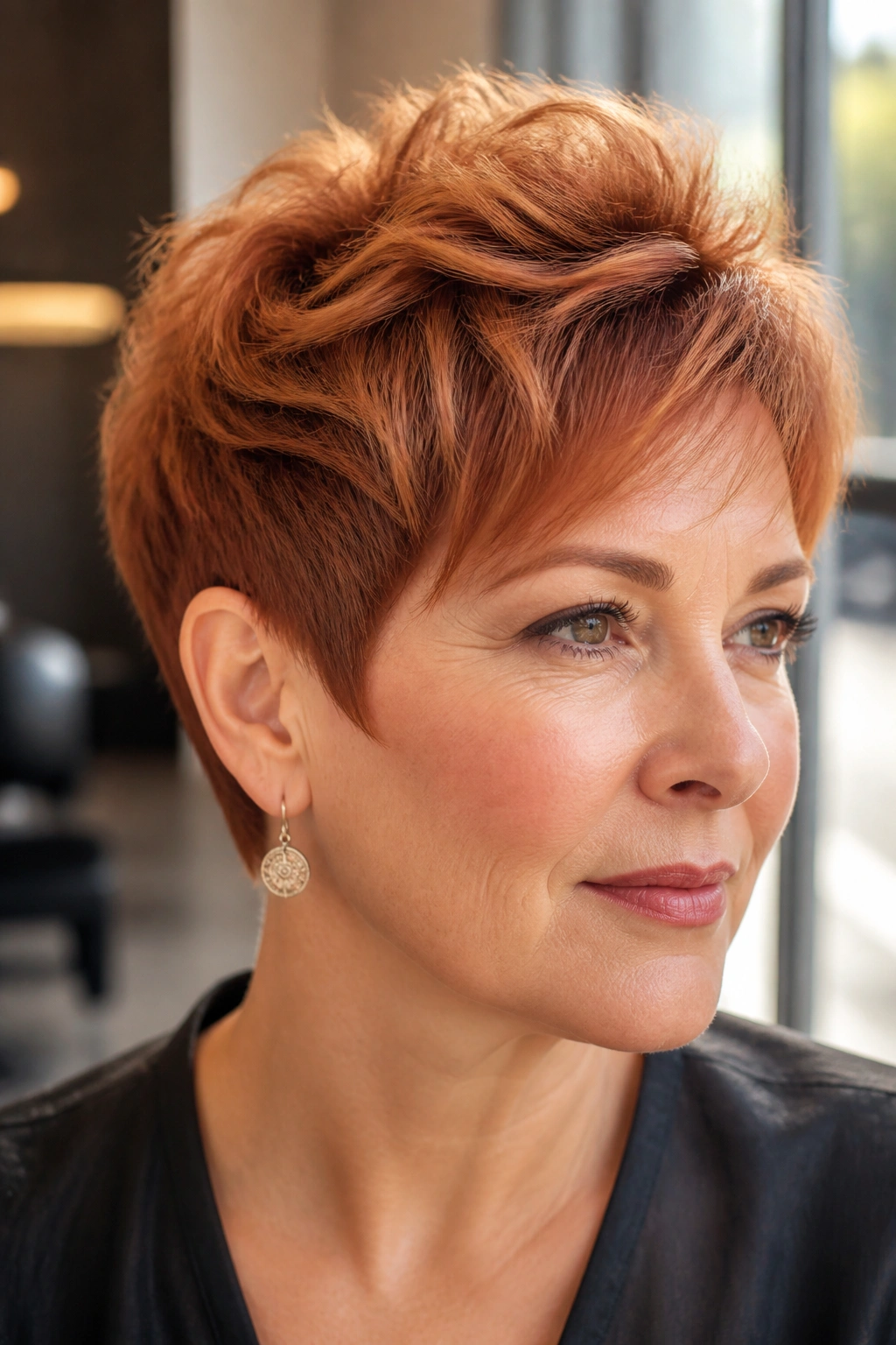 Close-up of a real person with copper feathered pixie and lifted crown in a warm salon