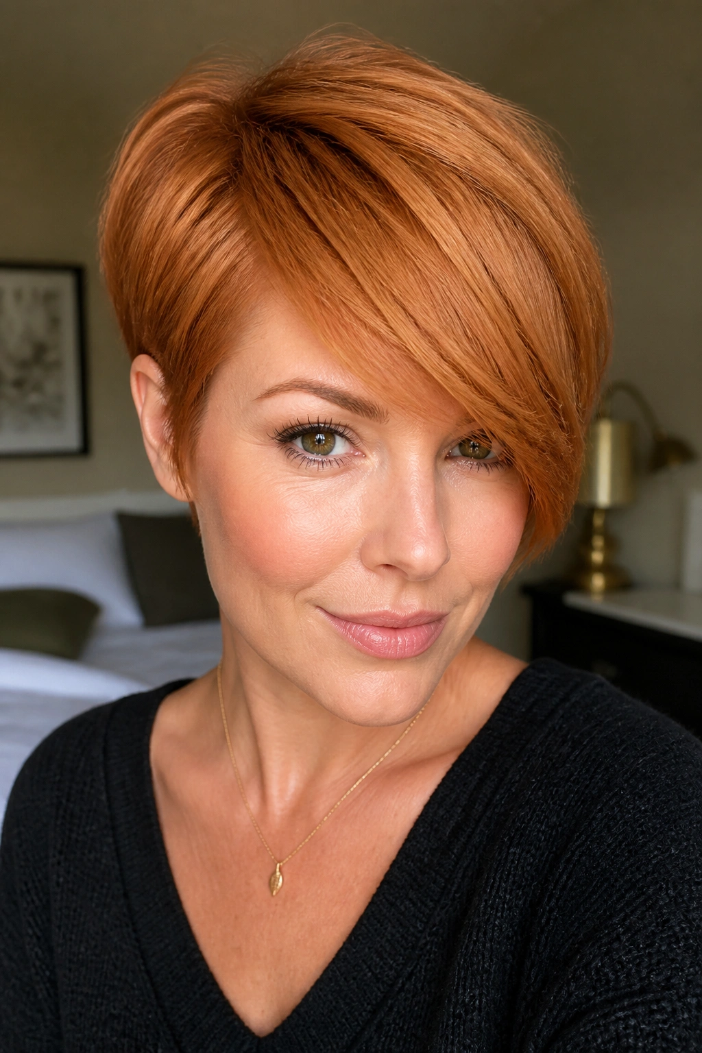 Close-up of a real woman with copper pixie and long diagonal side fringe under warm window light