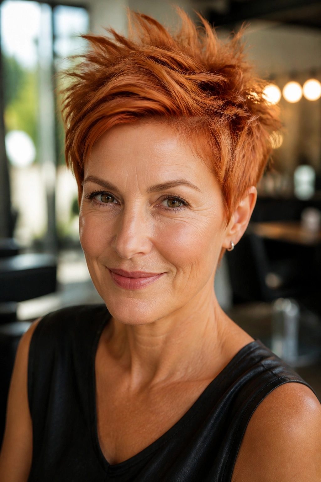 Close-up of a real woman with bright copper spiky pixie and root lift.