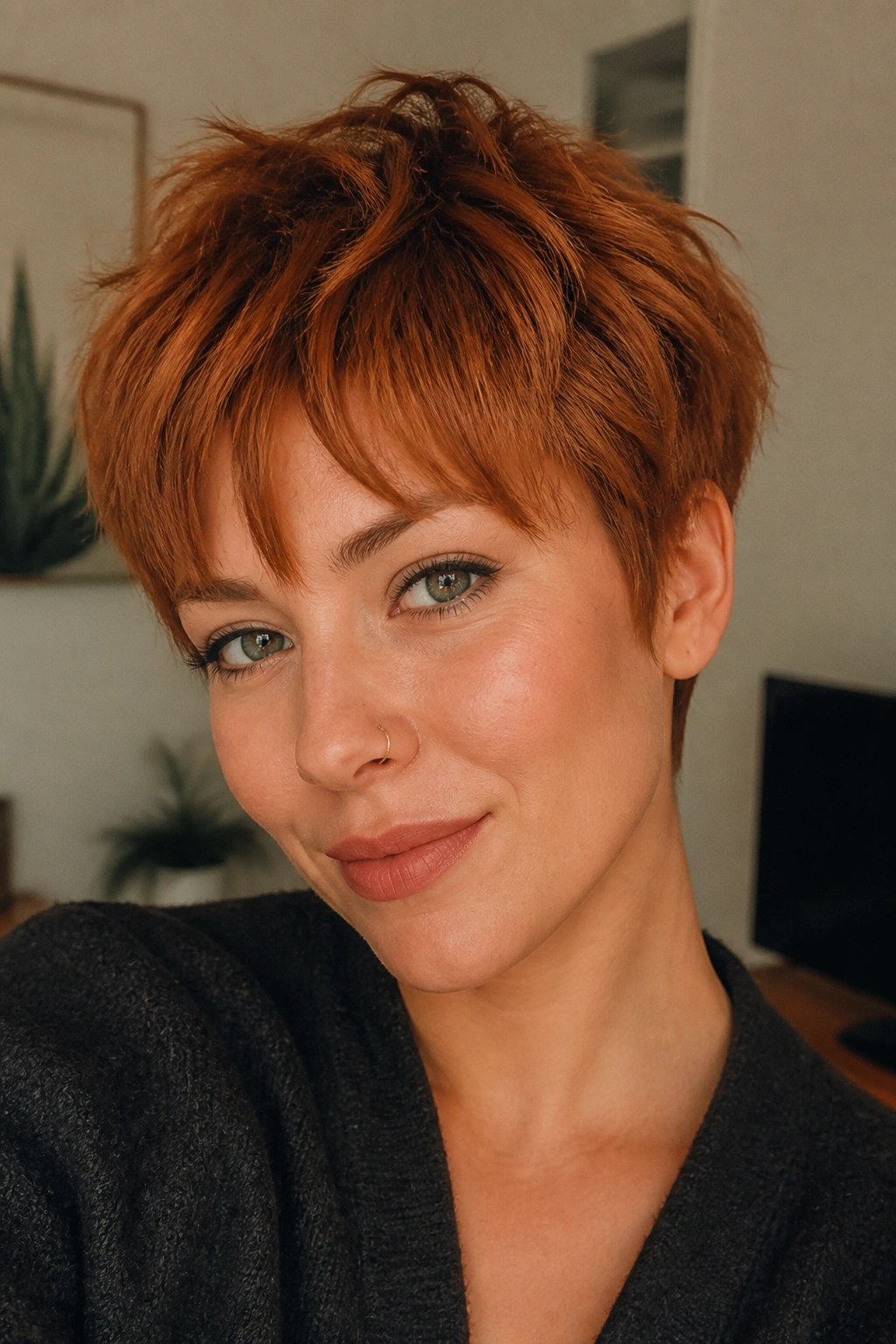Close-up of a real person with copper shaggy pixie and eyebrow-grazing fringe