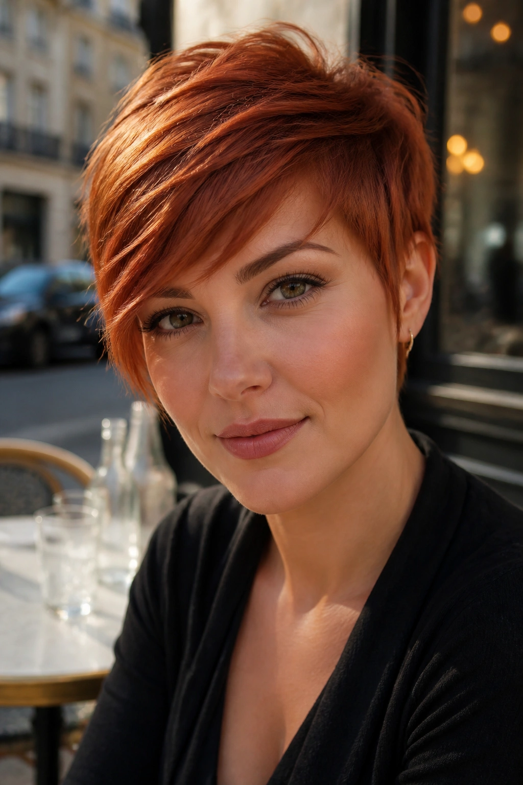 Real woman with copper pixie and side-swept fringe in natural light
