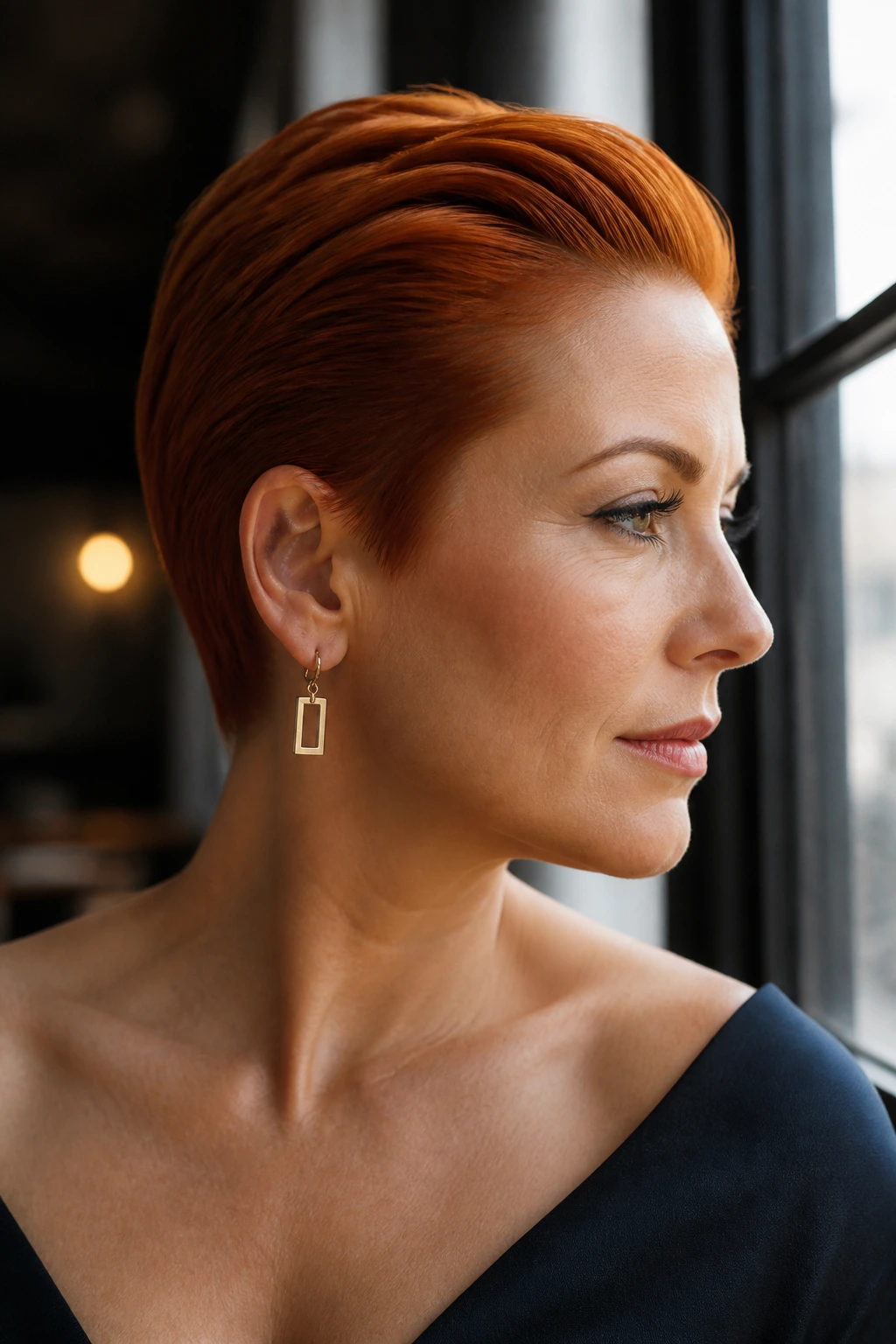 Portrait of real woman with slicked-back copper pixie