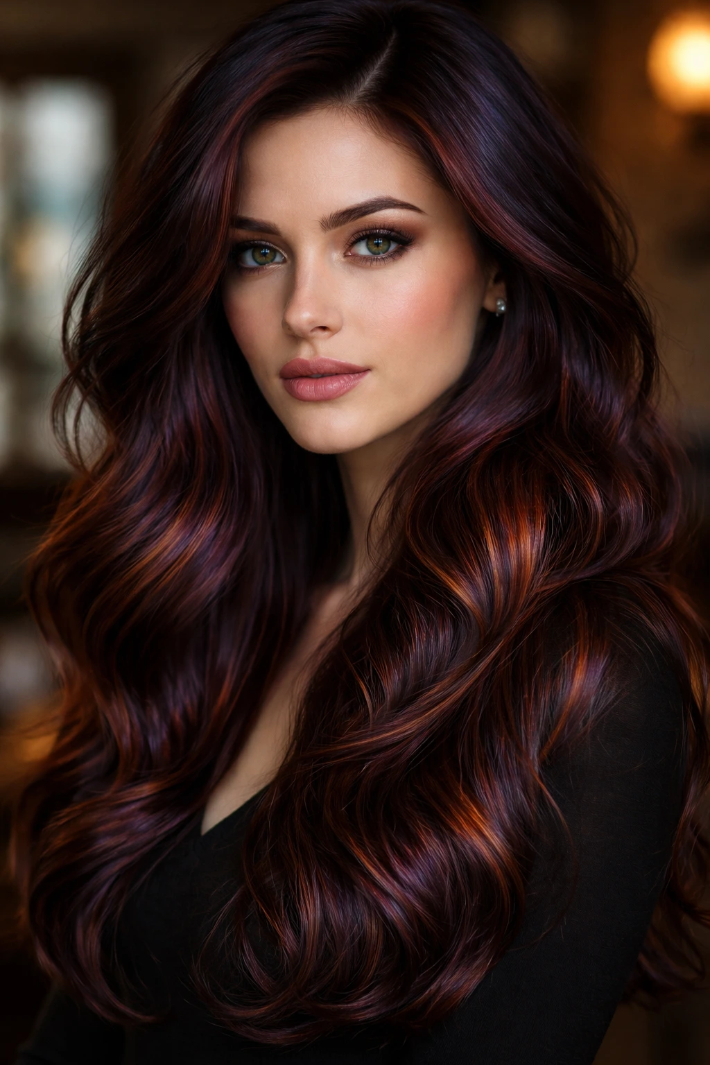 Close-up of dark copper-plum hair showing plum base with copper highlights on cool skin.
