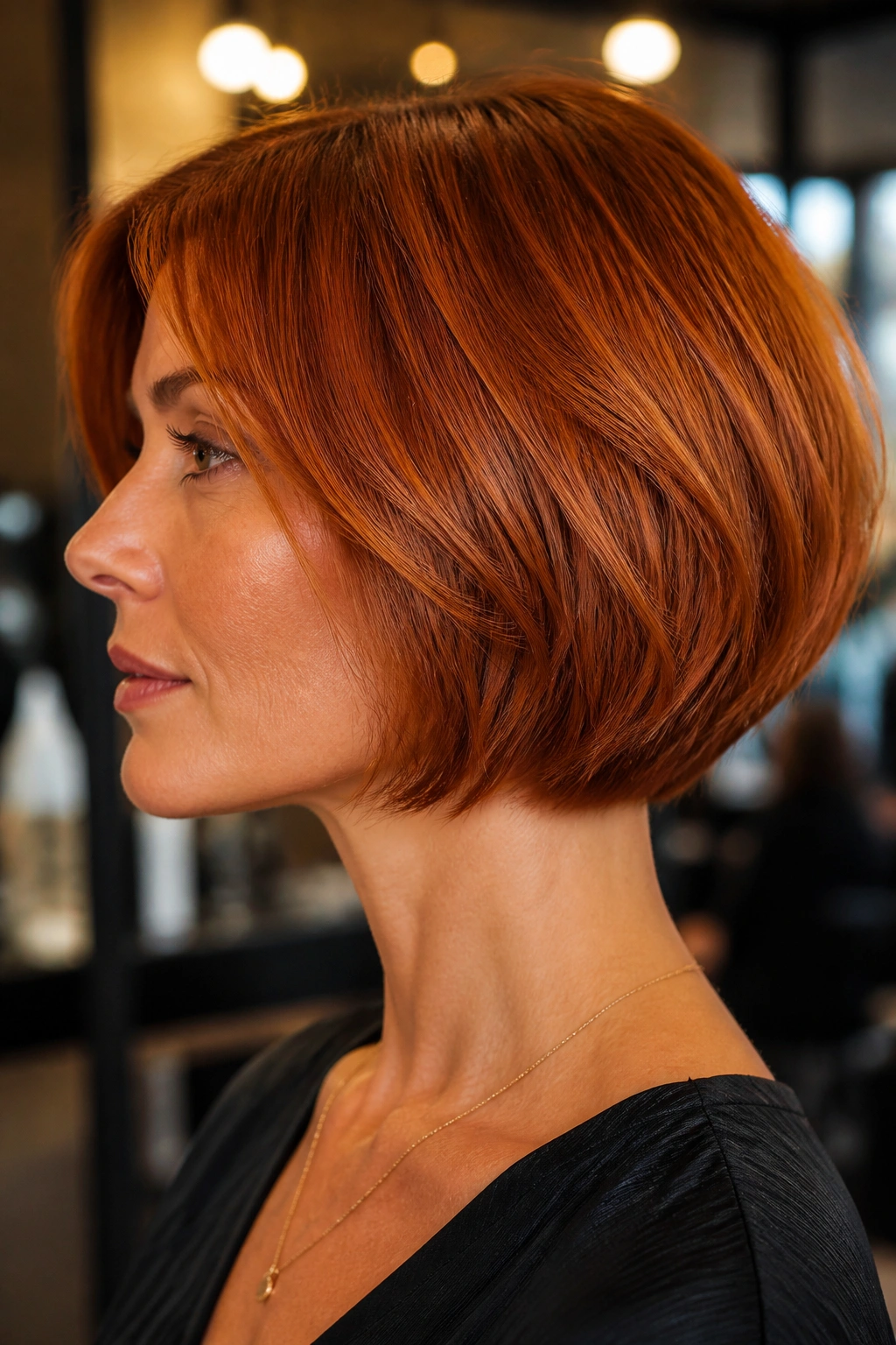 Close-up profile of a woman with a copper razor bob hairstyle