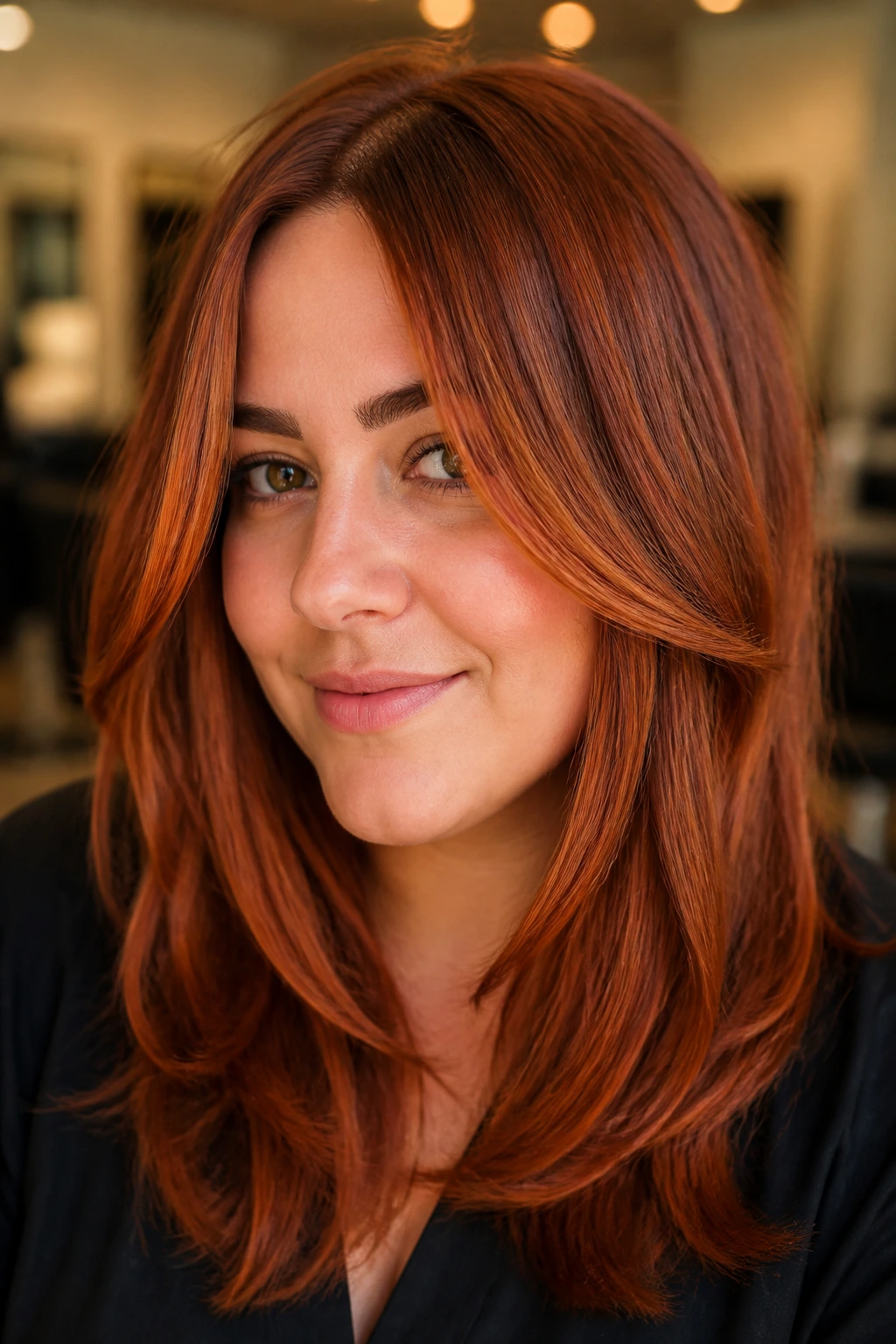 Close-up portrait of a woman with copper-red face-framing layers.