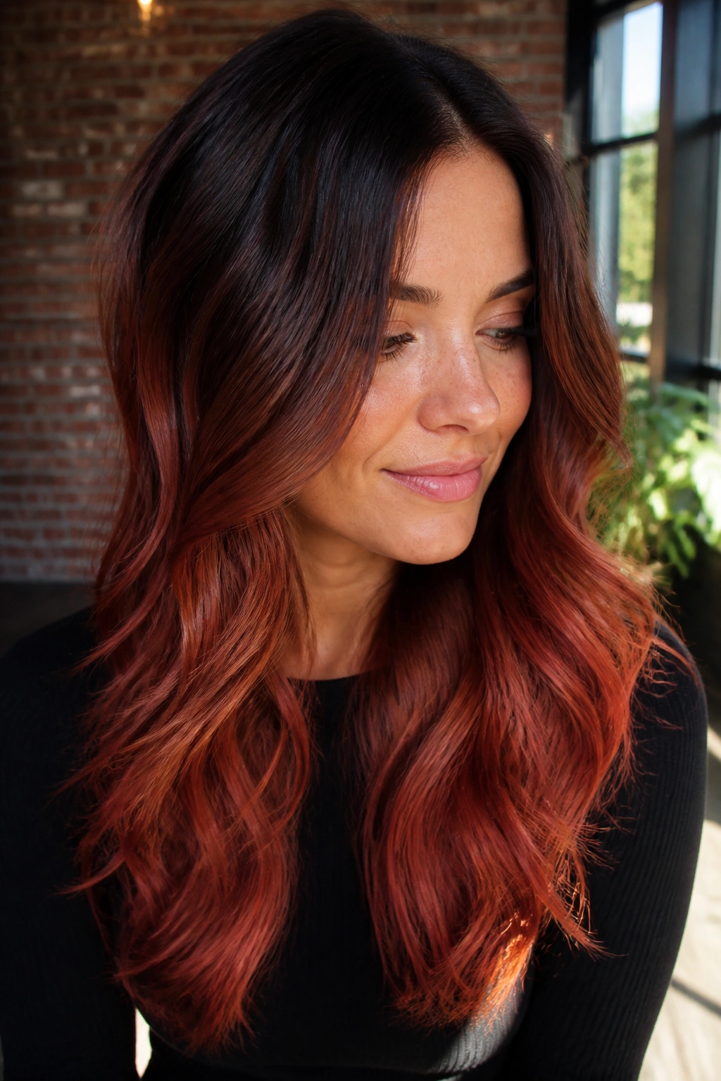 Close-up of copper-red ombré hair gradient on a real person