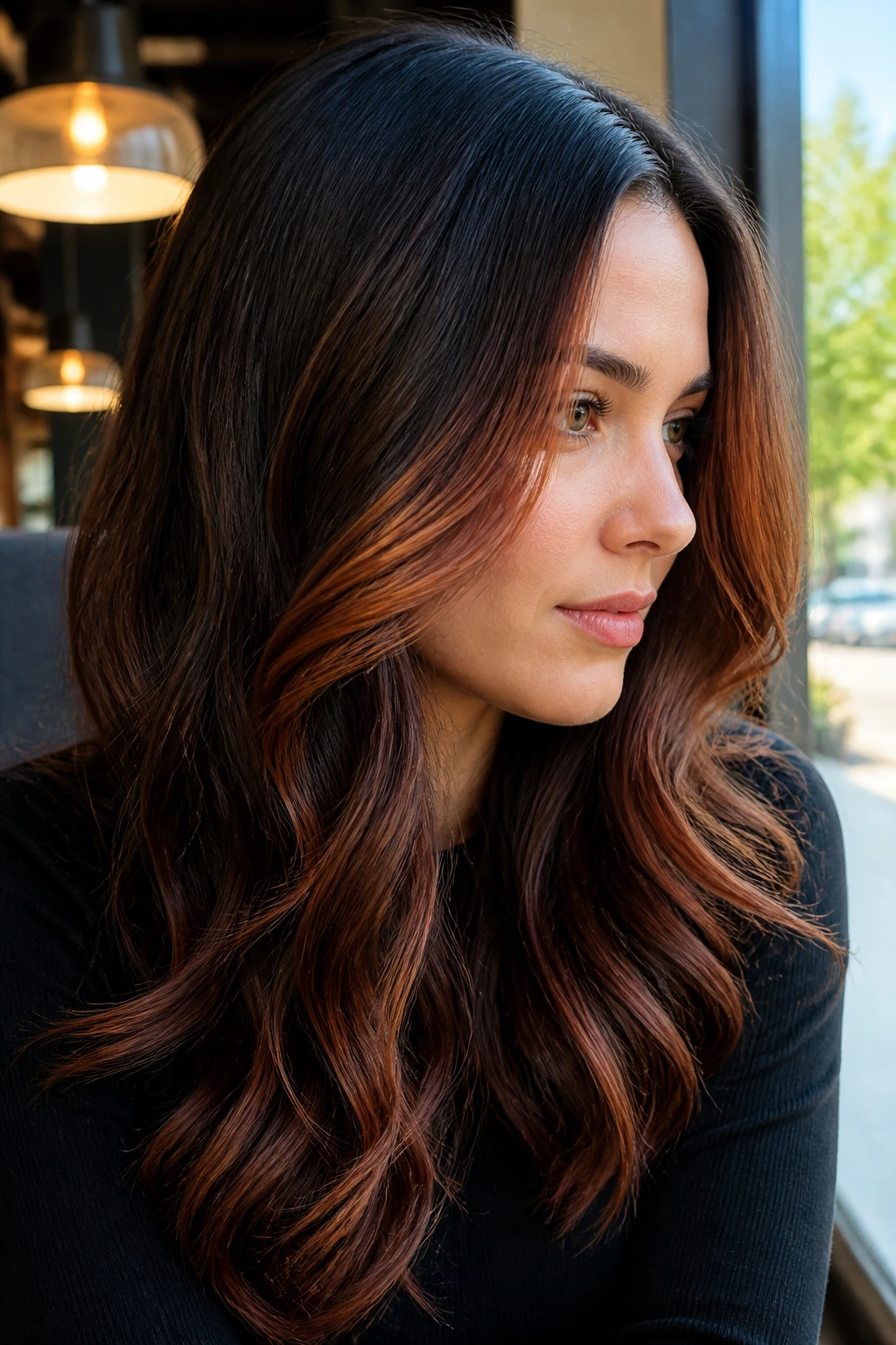 Close-up portrait of copper ribbon balayage on medium brown hair