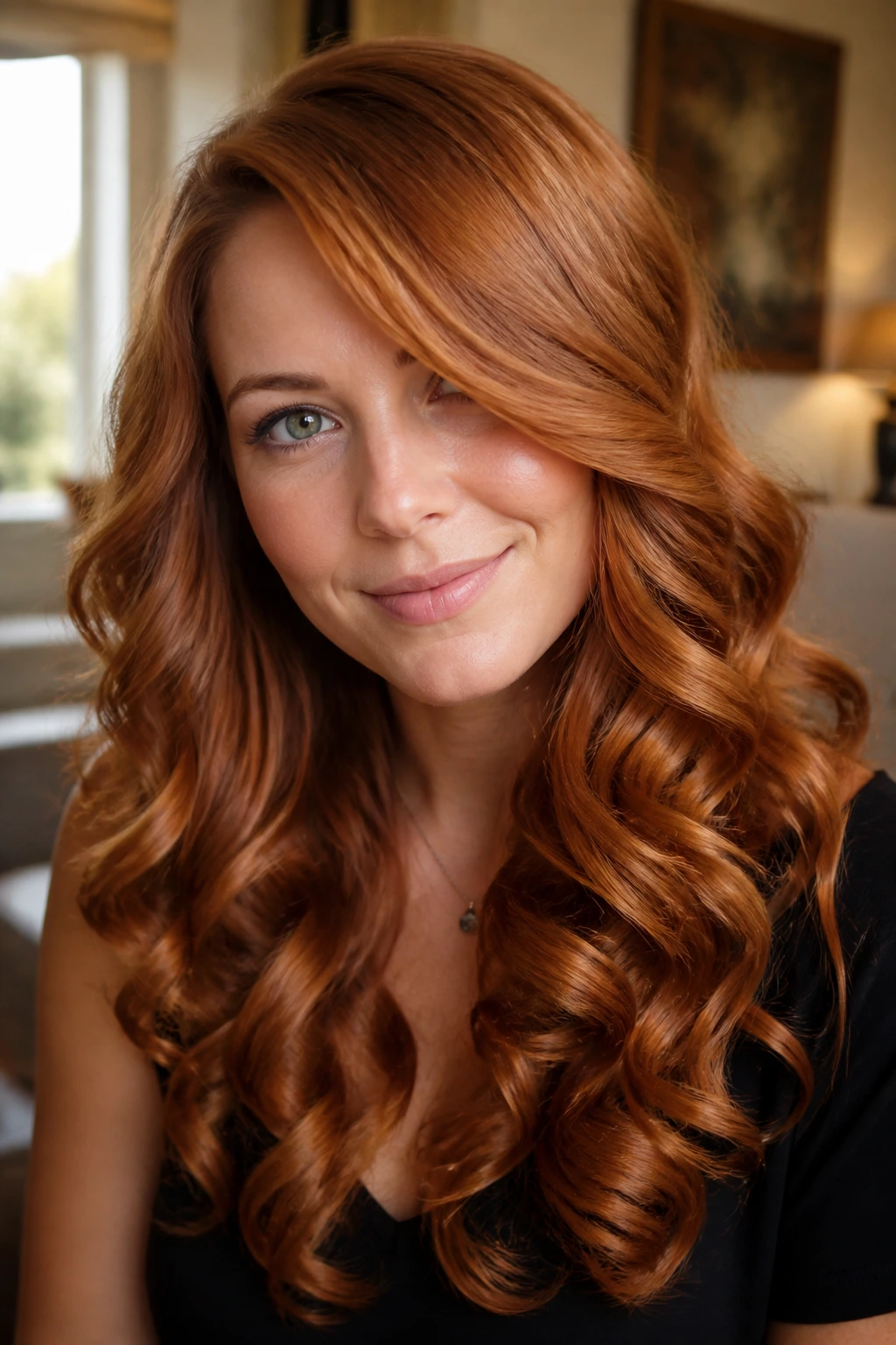 Close-up of copper ribbon curls with side sweep on a real person