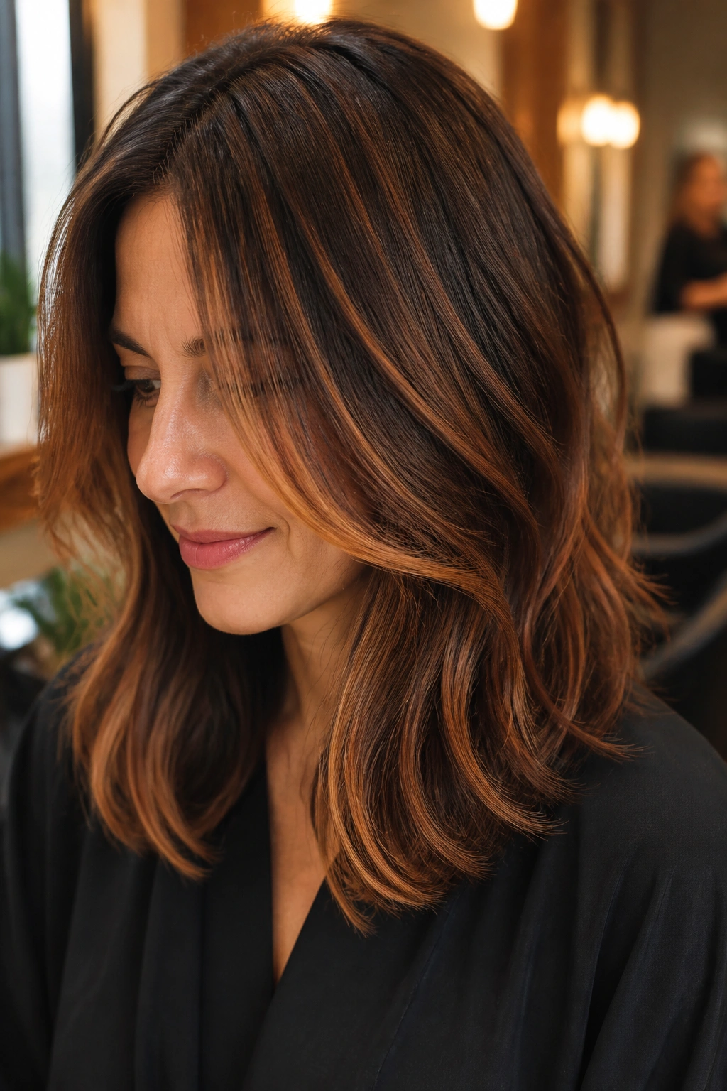 Close-up of copper ribbon highlights woven through medium brown hair on a real person