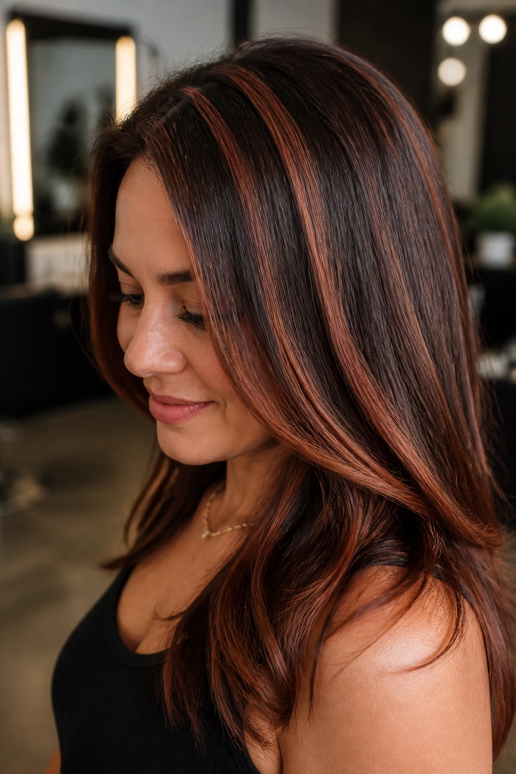 Close-up of copper ribbon highlights on dark brown hair