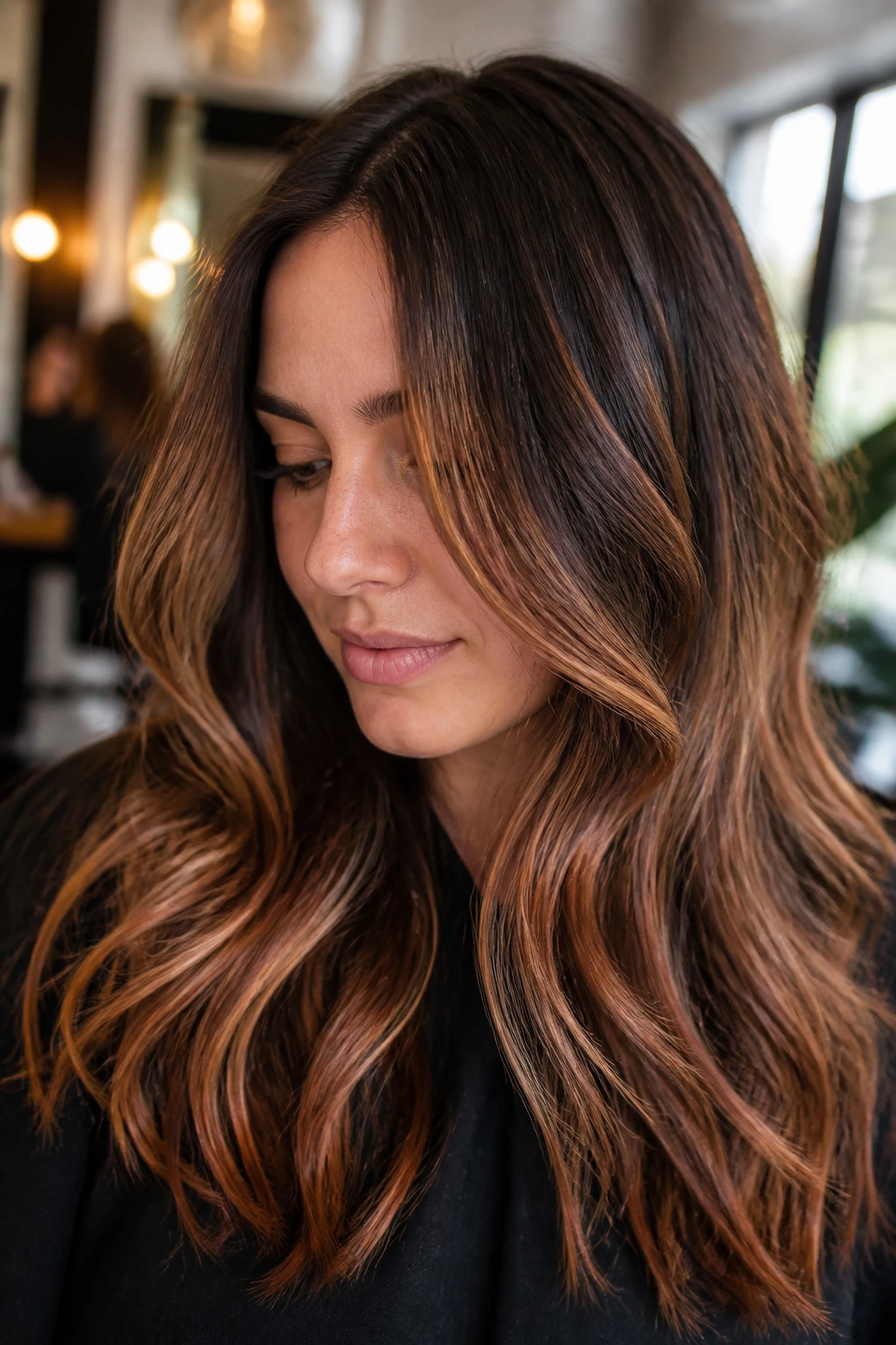 Close-up of a real woman with thick copper-blonde ribbons woven through brown hair at mid-lengths and ends