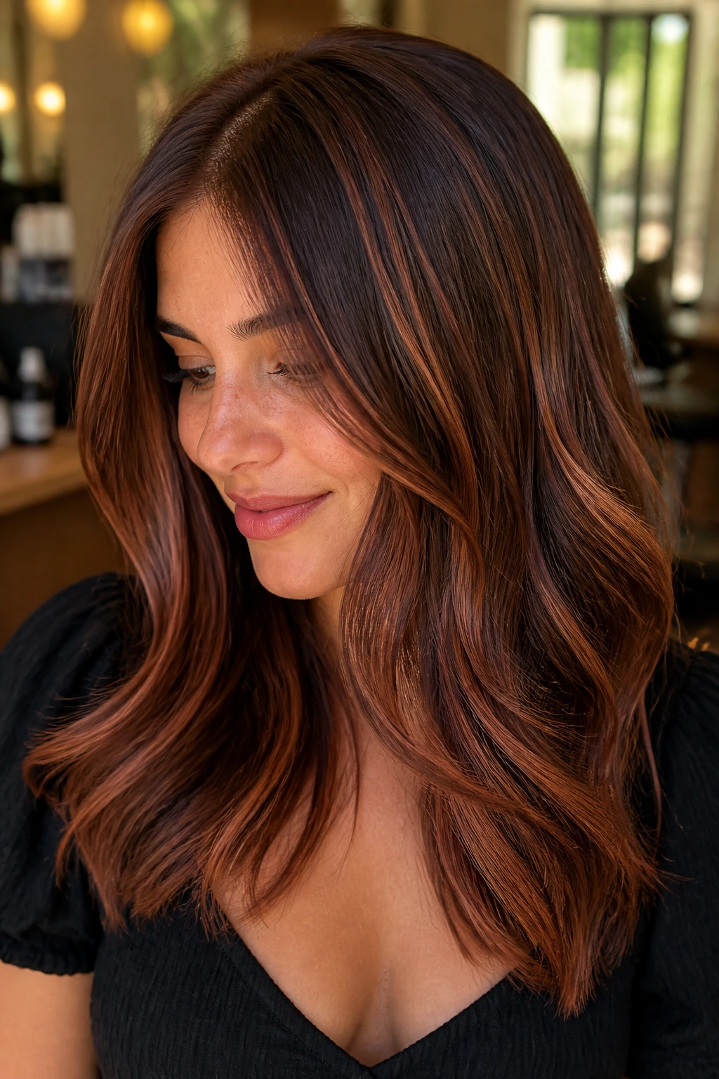 Close-up of a real person with medium brown hair showing copper ribbon highlights