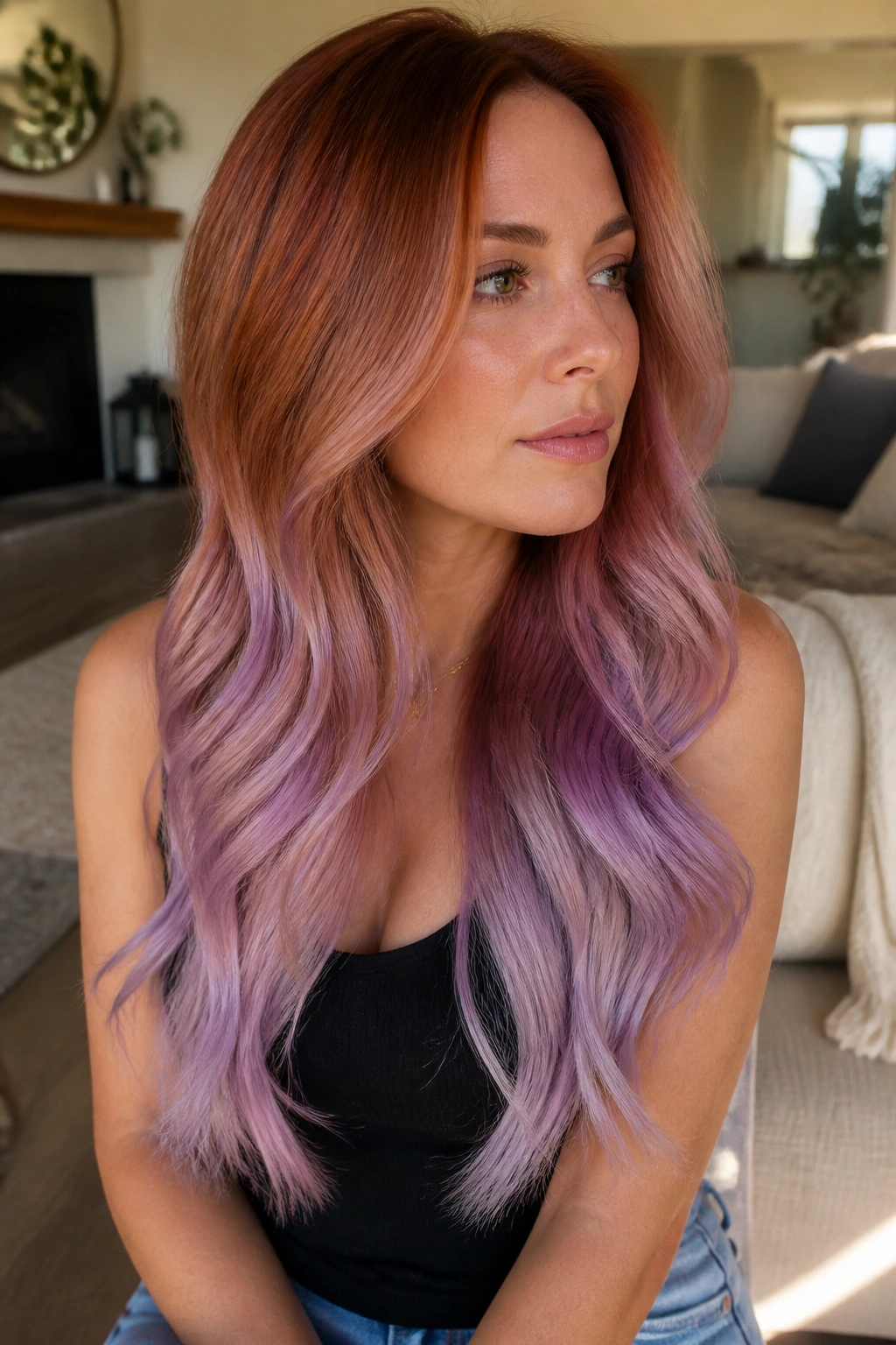 Three-quarter view of copper roots fading into lavender ends on long hair