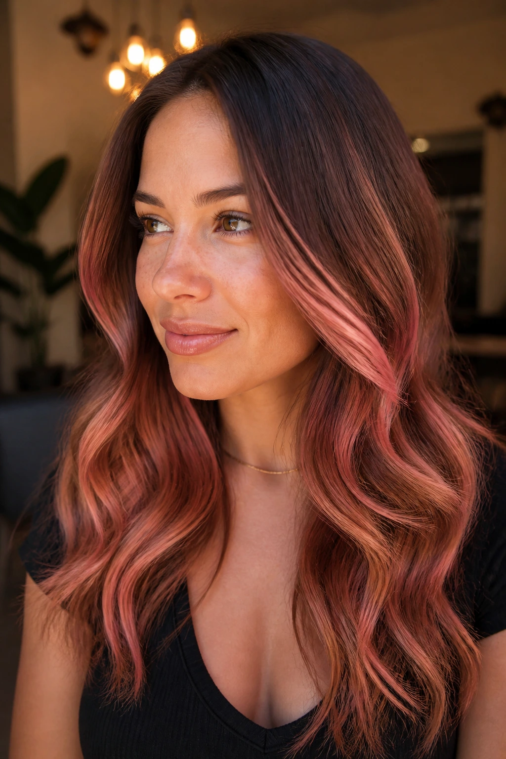 Close-up portrait of Copper Rose Balayage on Warm Brunette Hair