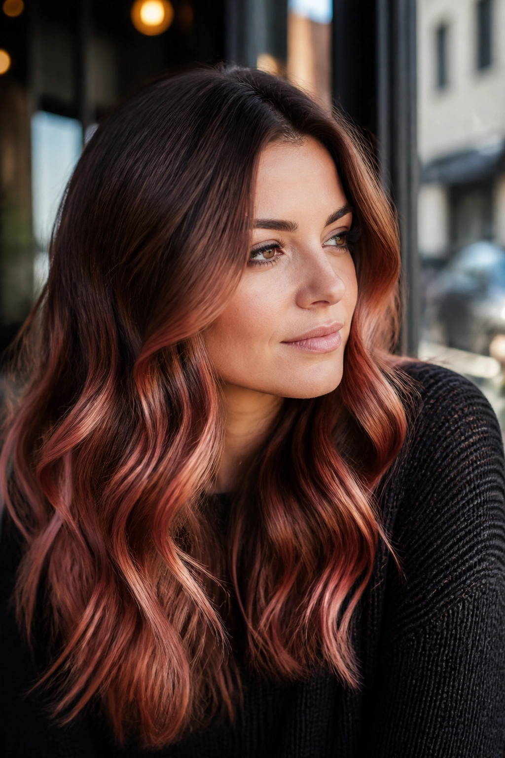 Close-up of copper rose balayage on brown hair in natural light