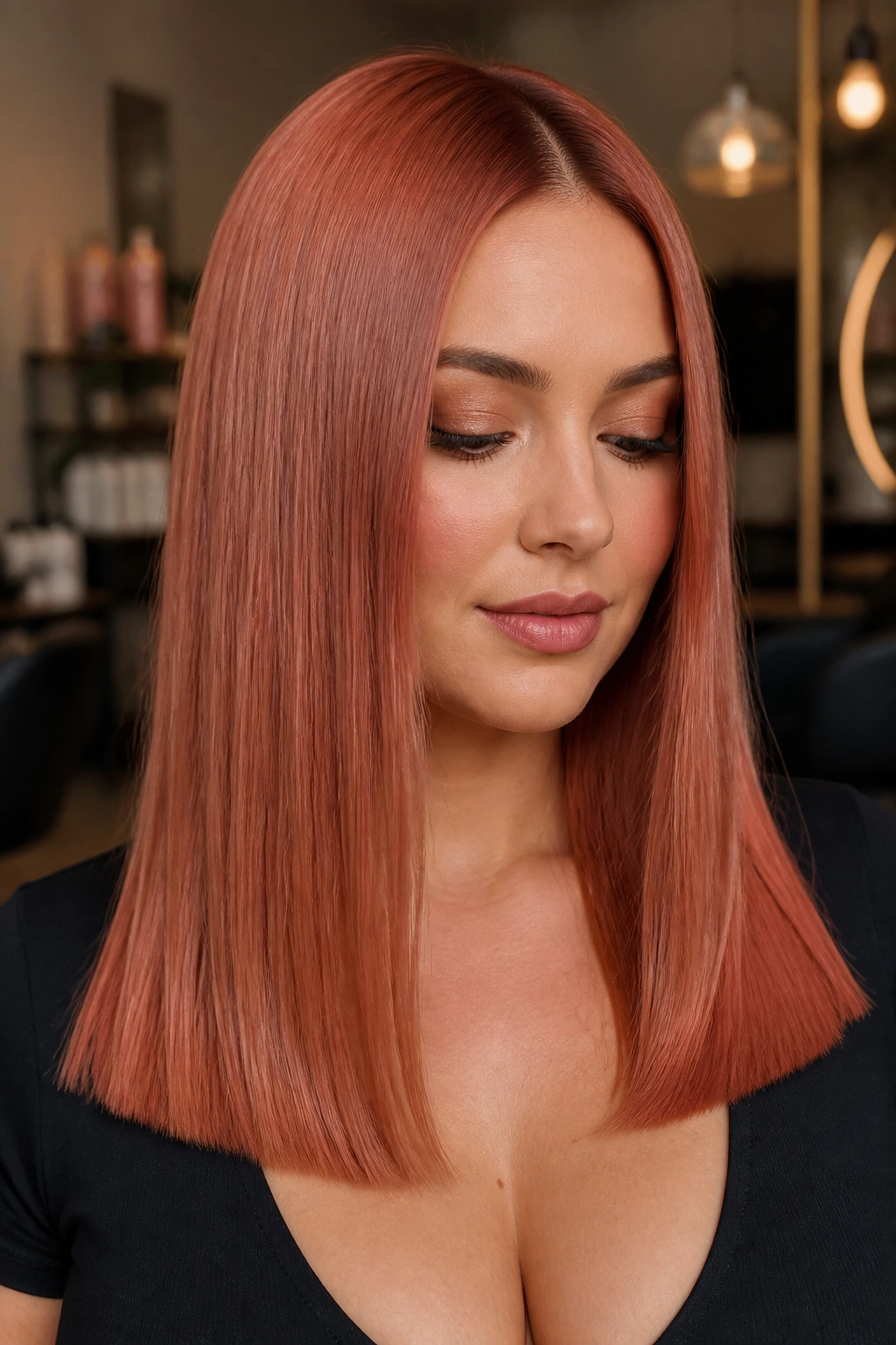 Close-up of a real woman with copper rose long blunt cut, pink undertone and glossy finish.