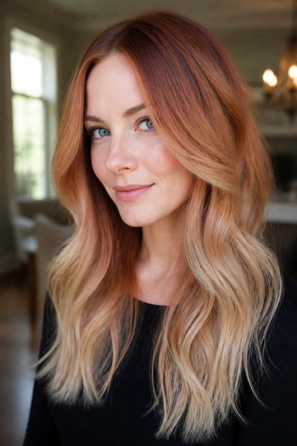 Close-up of a real woman with copper-rose melt and beige ends