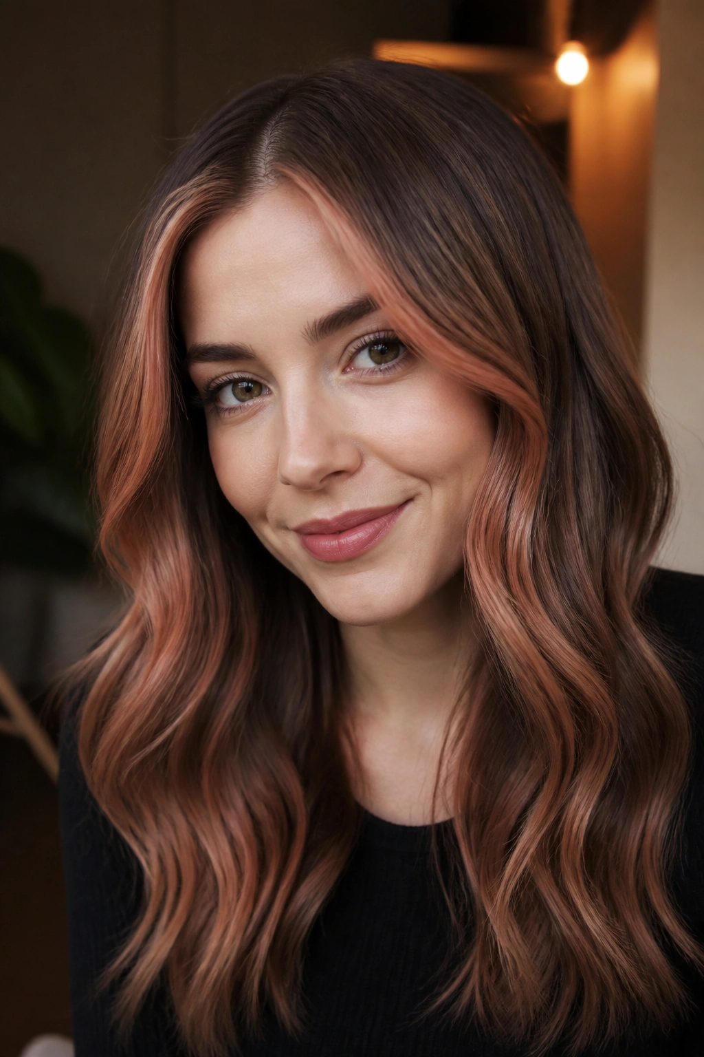 Face-framing copper rose money pieces on a real person
