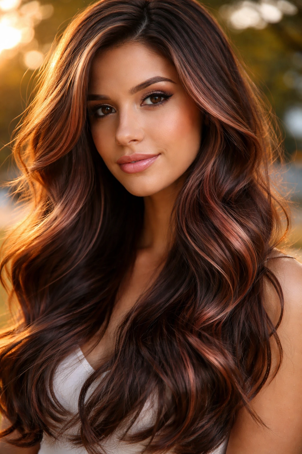 Close-up of a real woman with copper rose ribbon lights in deep brown hair