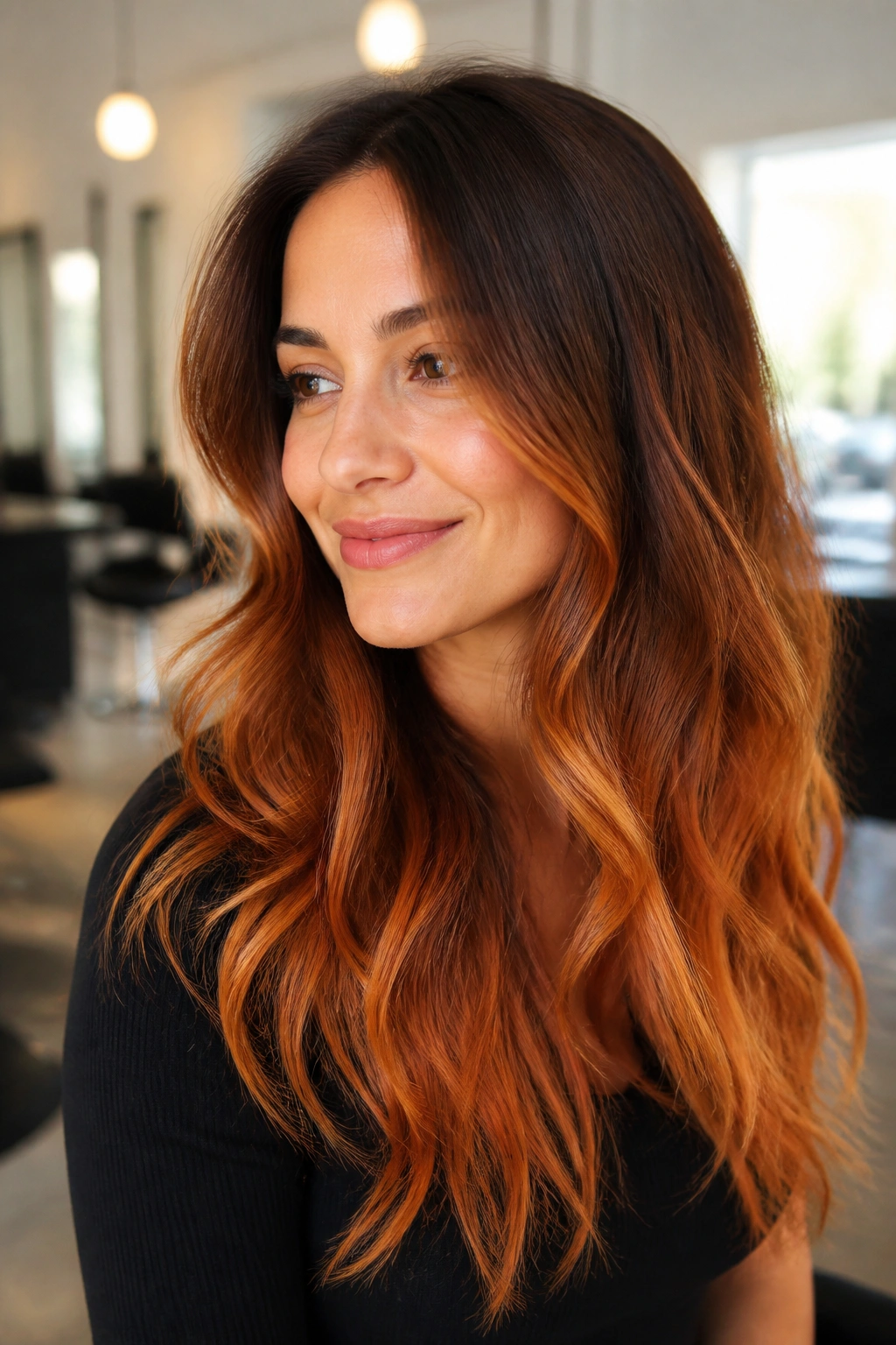 Close-up of a real woman with copper shadow root and bright ends in long layered hair.