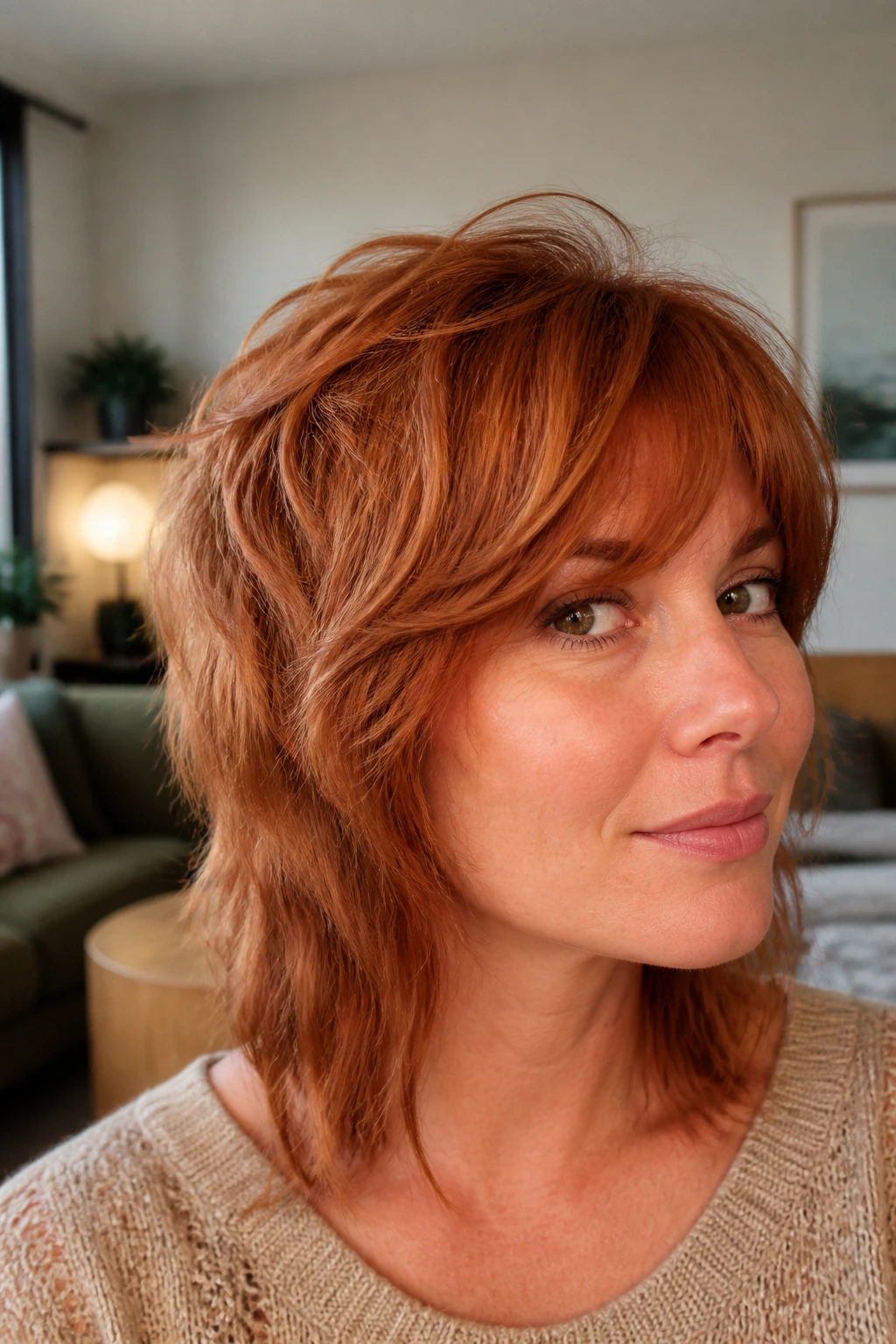 Close-up of real woman with copper shag and crown micro-layers