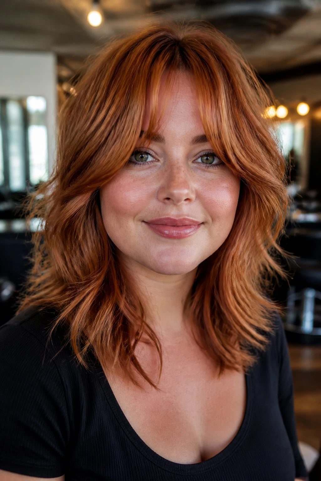 Close-up of copper shag with curtain bangs on a round-face woman