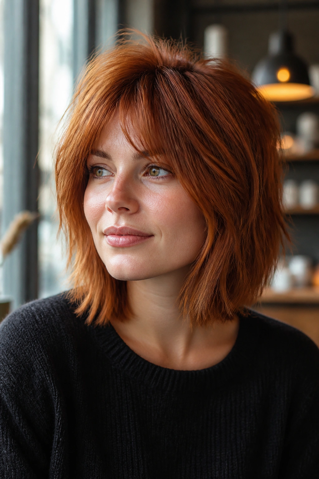 Close-up of a real woman with copper shag lob and feathered layers